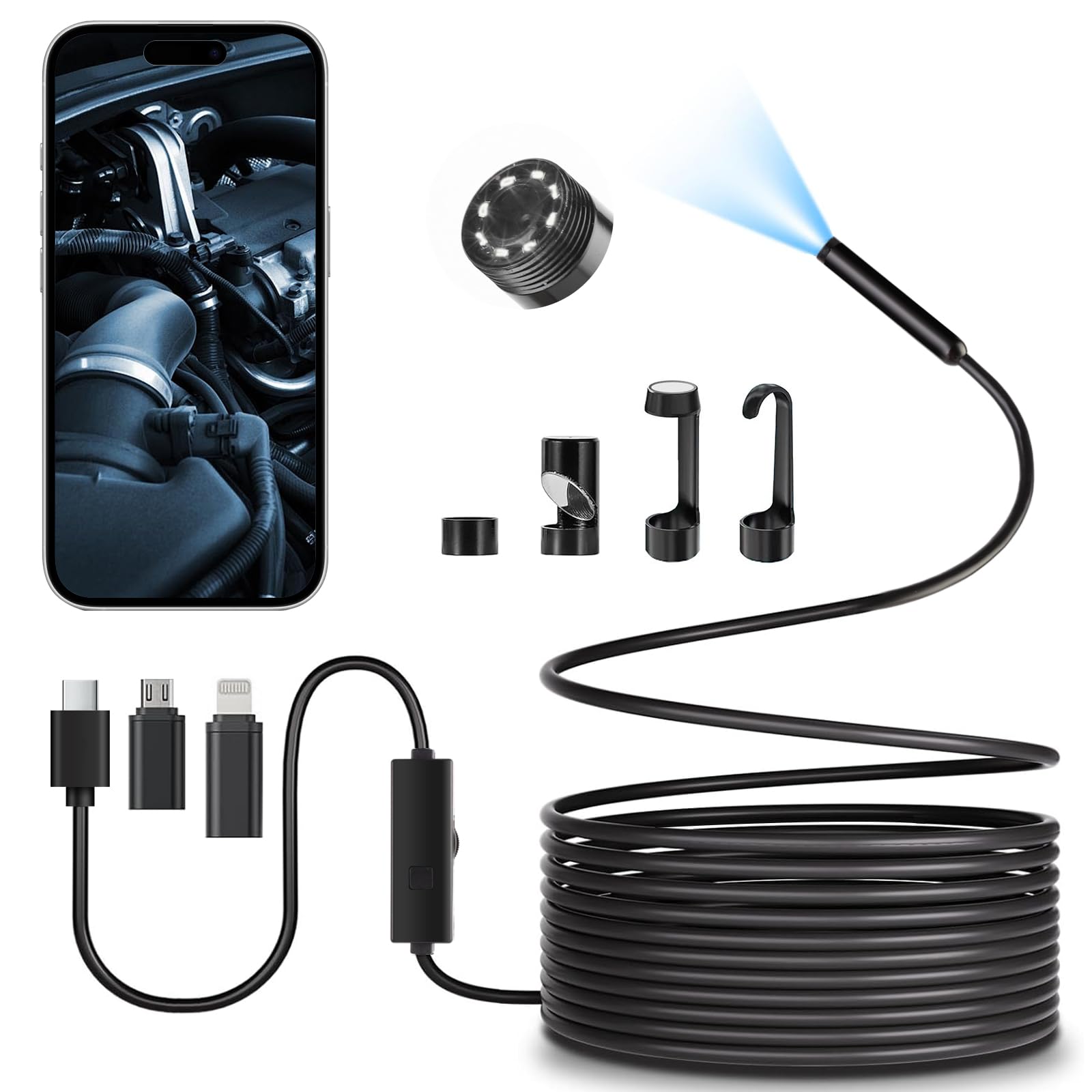 Endoscope Camera with Light, 1920P HD borescope Camera,IP67 Waterproof Snake,16.4ft Semi-Rigid Inspection Tool with 8 LED Lights, Borescope for iPhone/Android (Micro-USB/Type-C/Lightning)-image-1