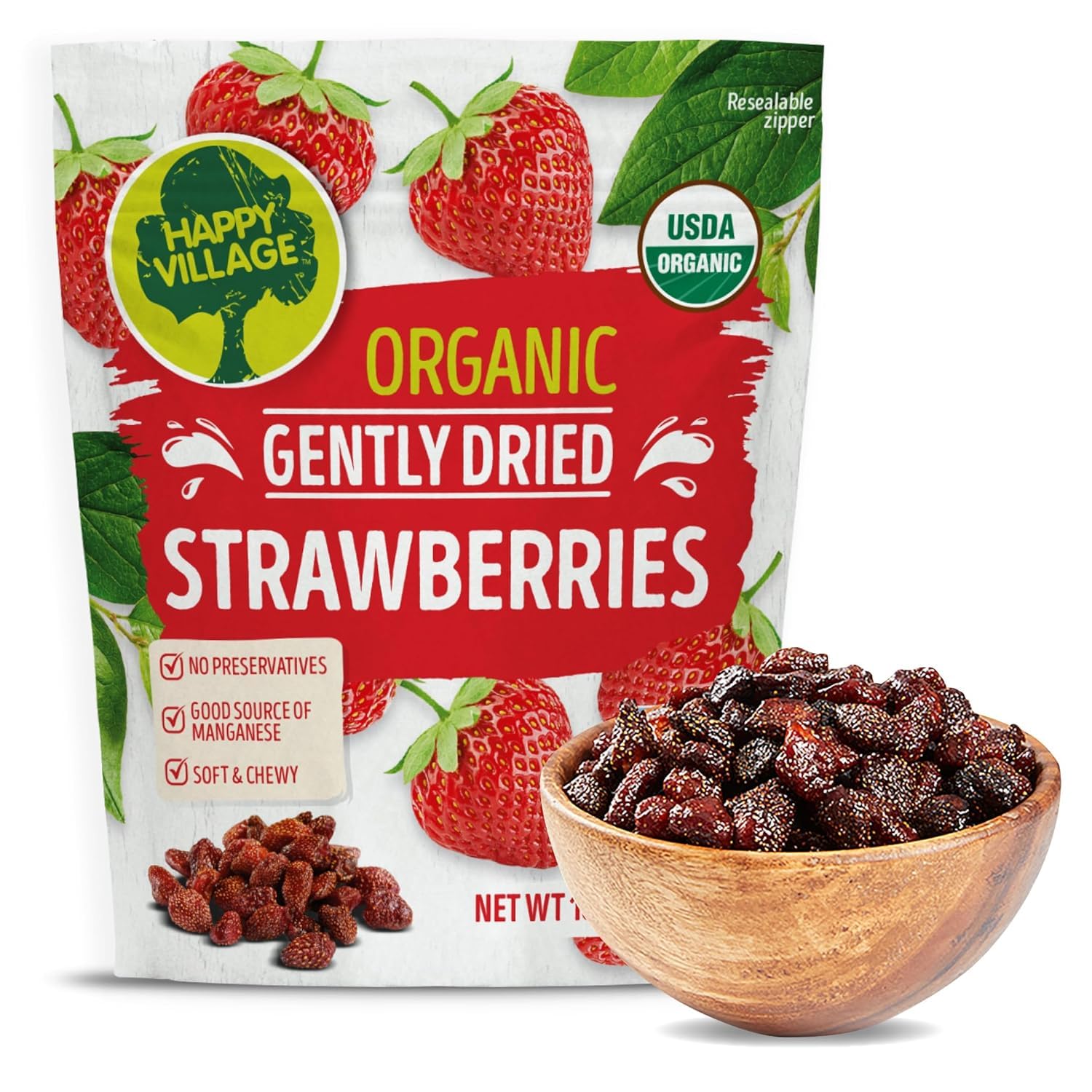 Happy Village Organic Whole Dried Strawberries, 18 OZ Resealable Pack- Soft & JuicyUSDA Organic