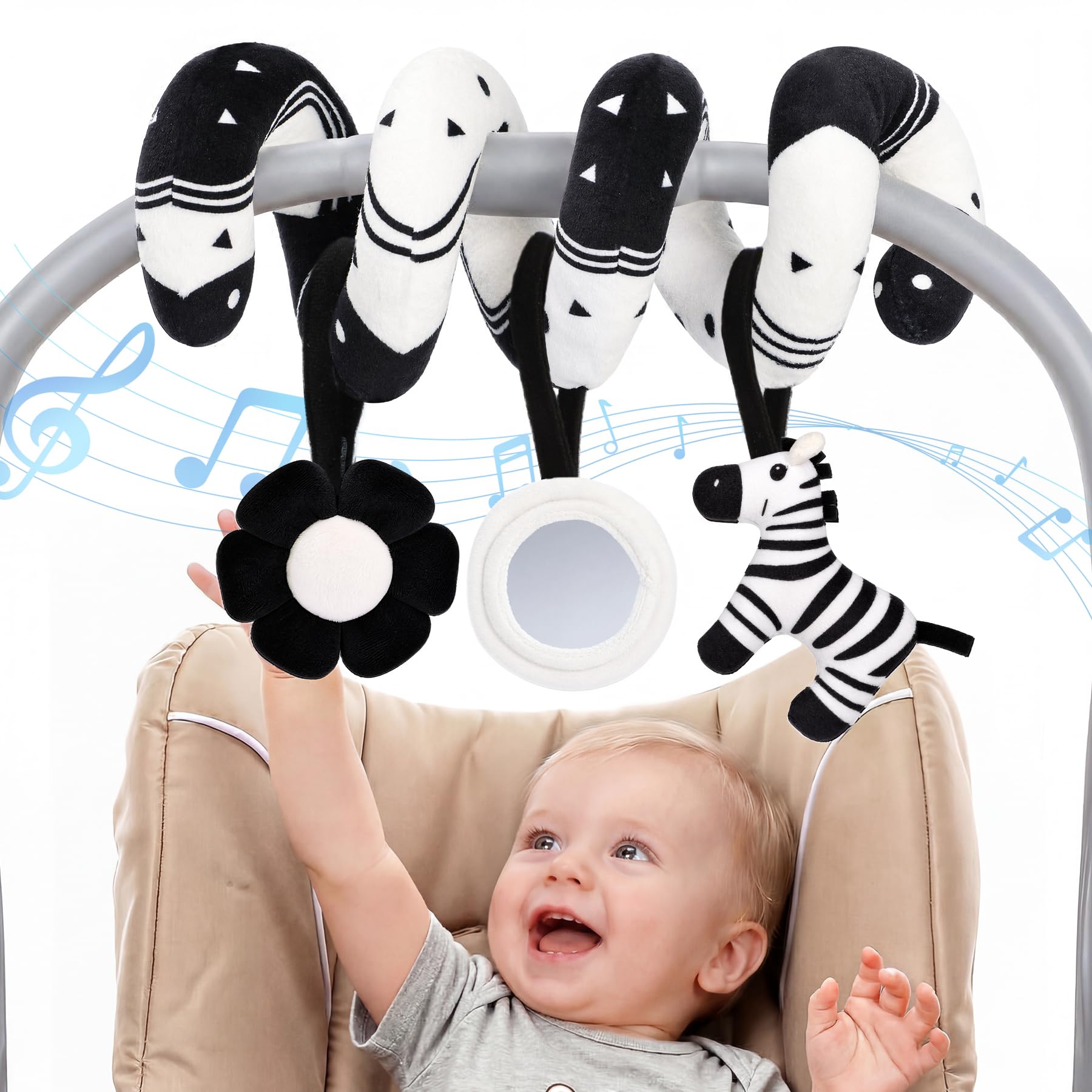 URMYWO Spiral Car Seat Toys for Babies 0-6 Months with Zebra Rattle