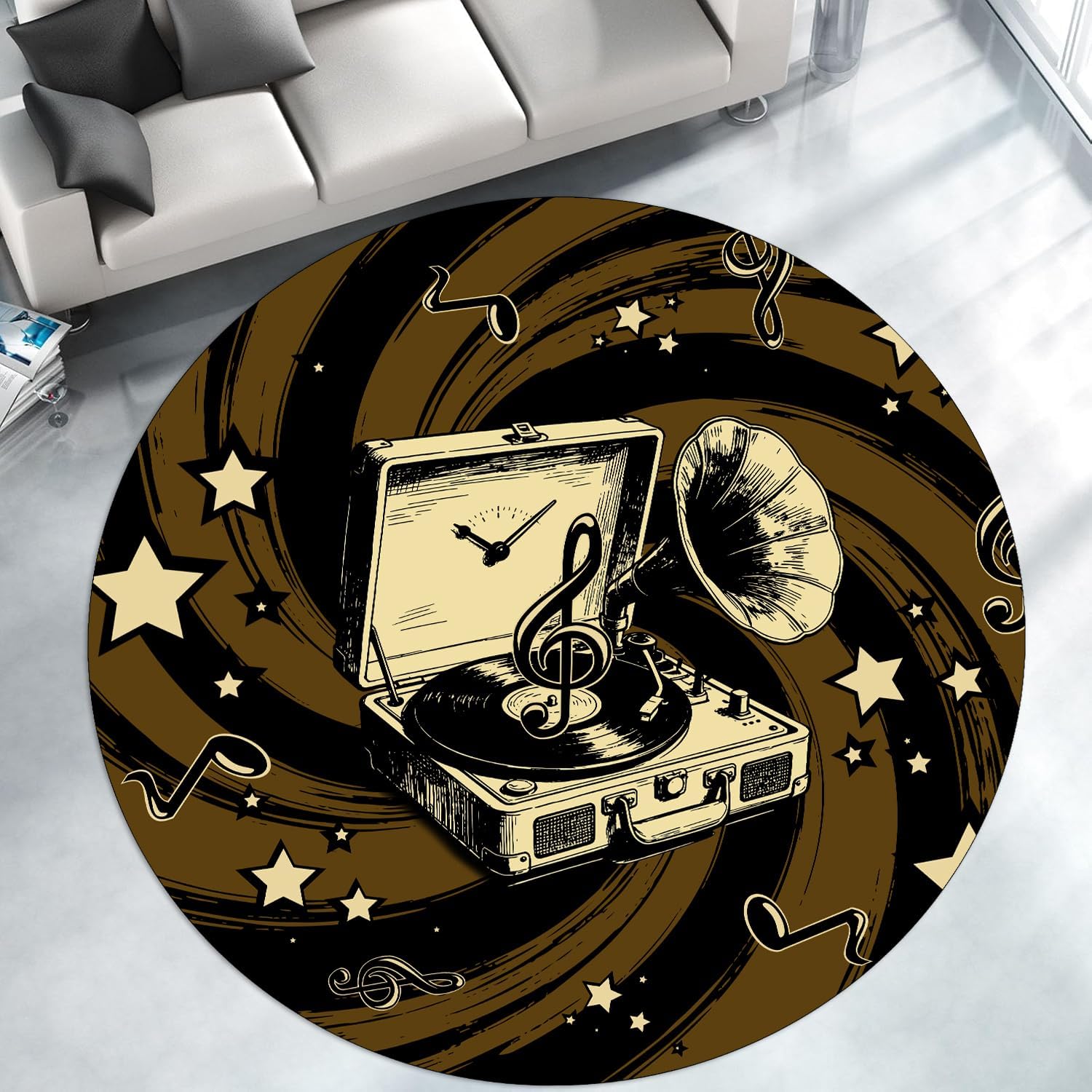 Black and White Piano Floor Mat,6ft,Black Vinyl Record Music Round Rug,3D Circle Studio Guitar Piano Rug,Soft Non-Slip Washable Small Round Rugs,for Dining Room Bedroom Floor Piano Mat