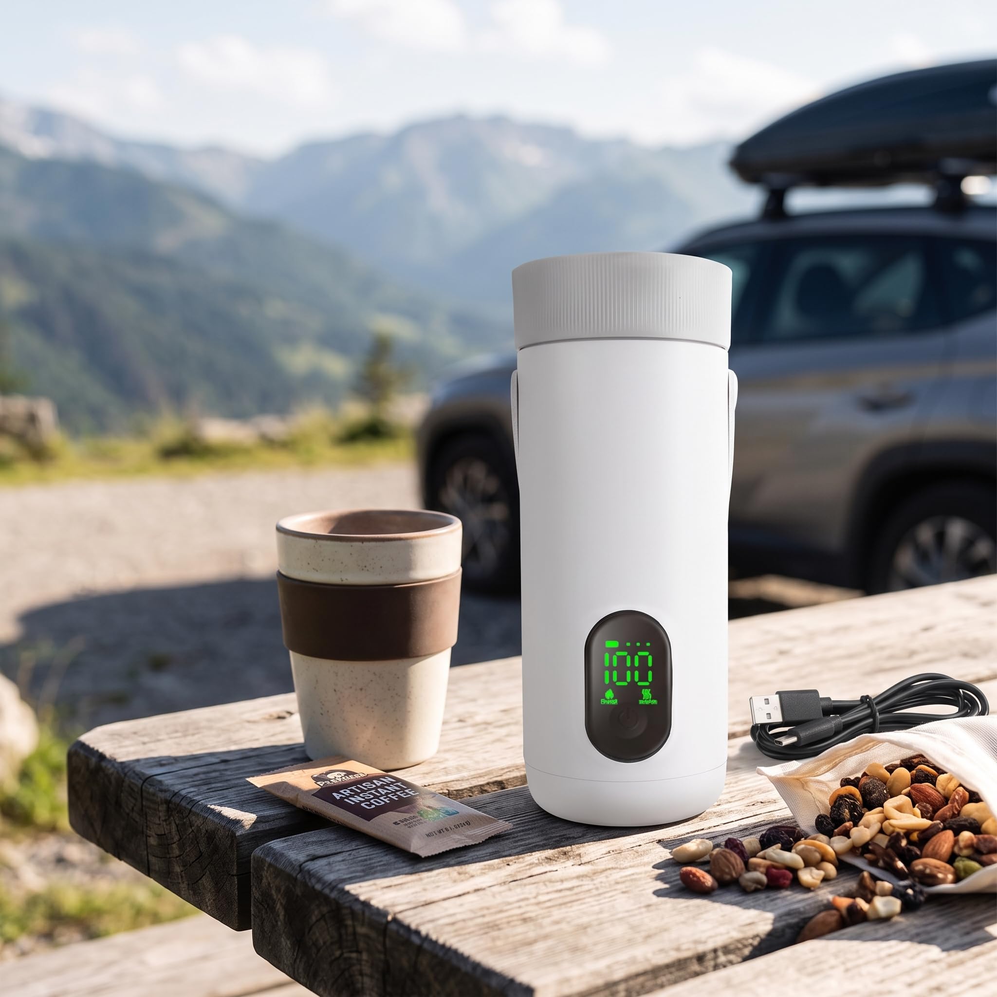 Keenso Bouilloire électrique de Voyage, Batterie Portable en Acier Inoxydable de 27 000 MAh, ébullition Rapide en 10 Minutes, pour le Camping et la Voiture