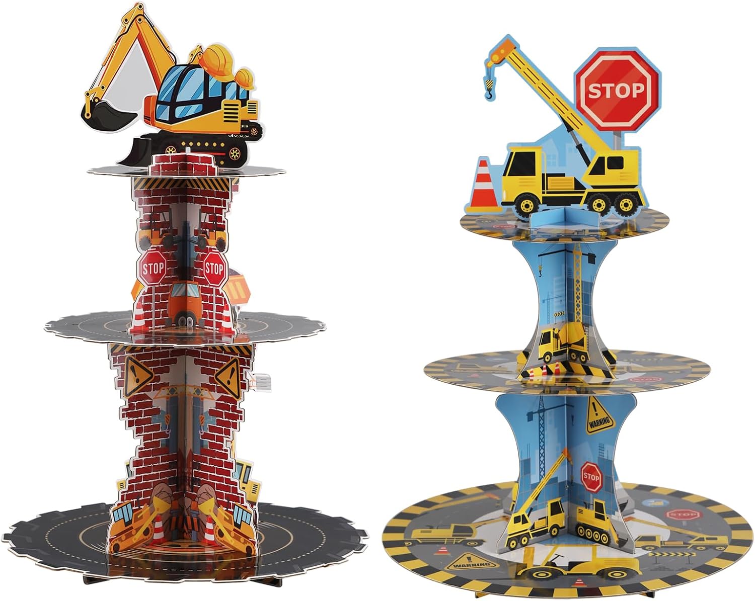 Set of 2 Construction Theme Birthday Party Cupcake Stand for 24 Cupcakes, 3 Tier Cardboard Cupcake Stand Holder