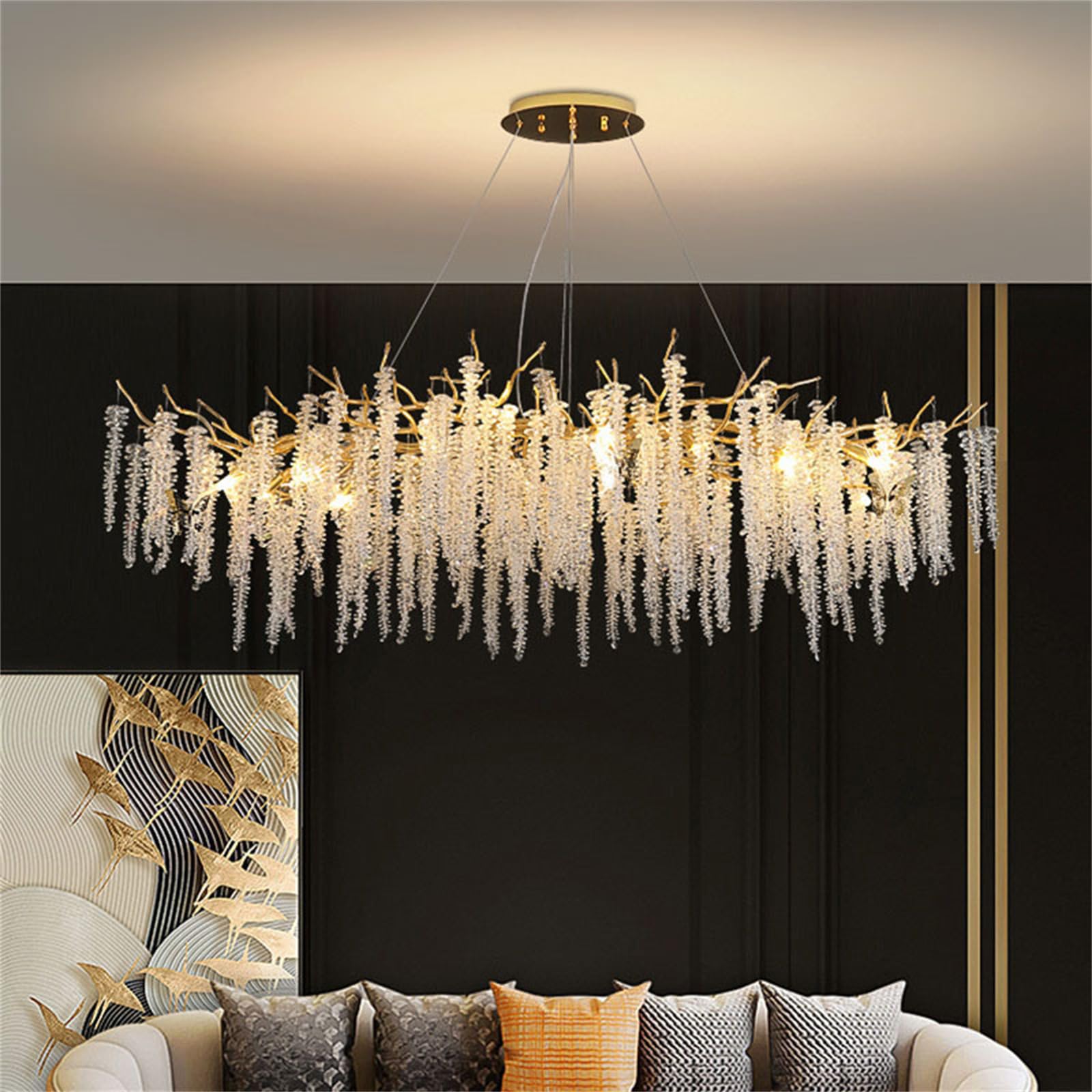 KXEcoLife Modern Luxury Crystal Chandelier, Glod Rectangular Branch Chandelier for Kitchen Dining Room, Entrance Hall,Island Hanging Light Fixture Living Room,Foyer,Kitchen Island L120CM