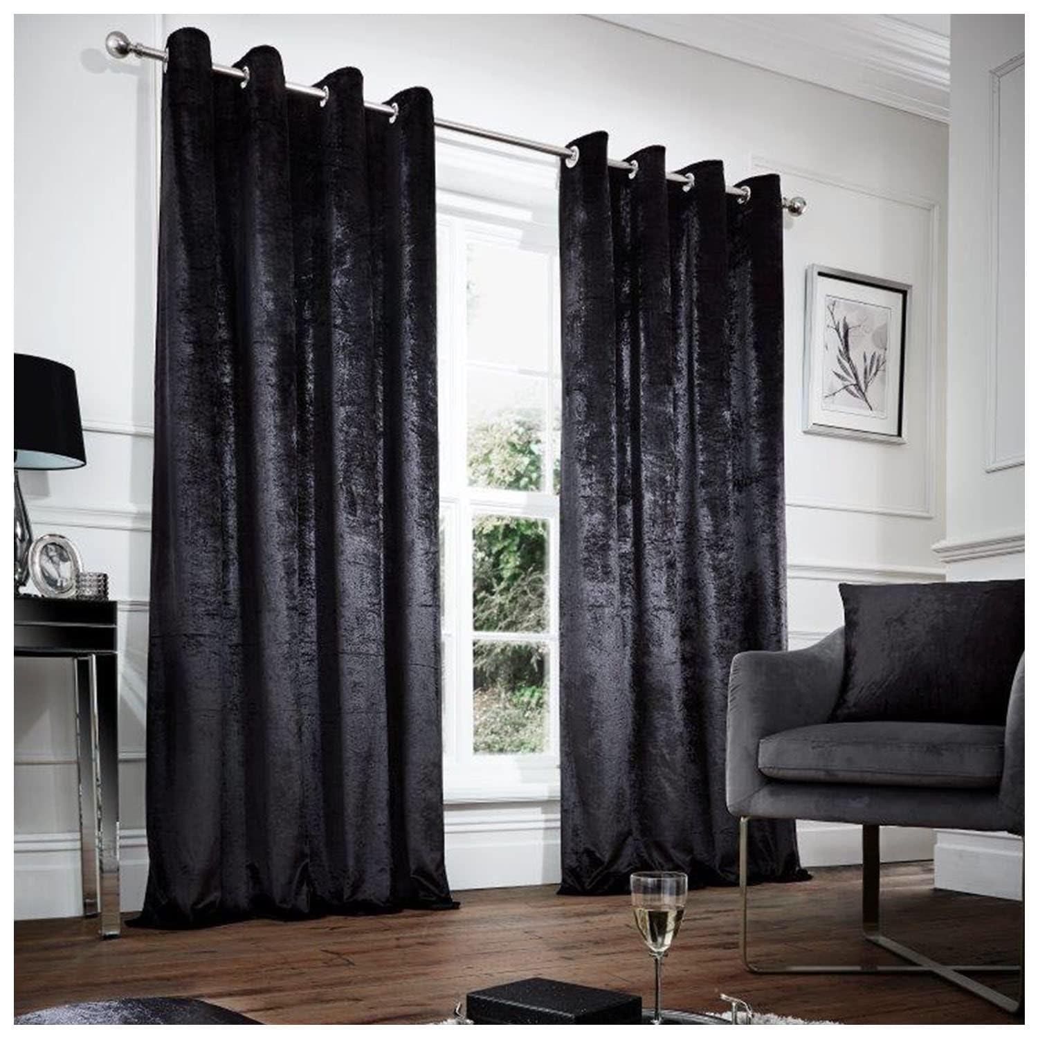 GC GAVENO CAVAILIA Crushed Velvet Curtains For Bedroom, Thermal Insulated Door Curtains, Eyelet Panels, Black, 66x90