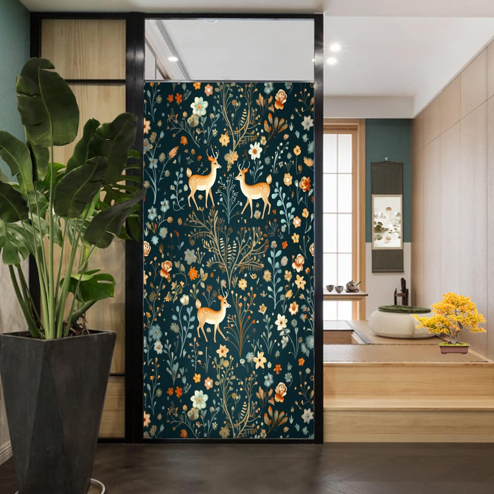 Bunte Blumen Hirsch Frosted Fenster Sichtschutzfolie Bauernhaus Baum Blatt Tier Muster Wald Fenster Dekor Wärme blockierende Sonne blockierende Glastürabdeckung für Badezimmer Zuhause 90 x 140 cm