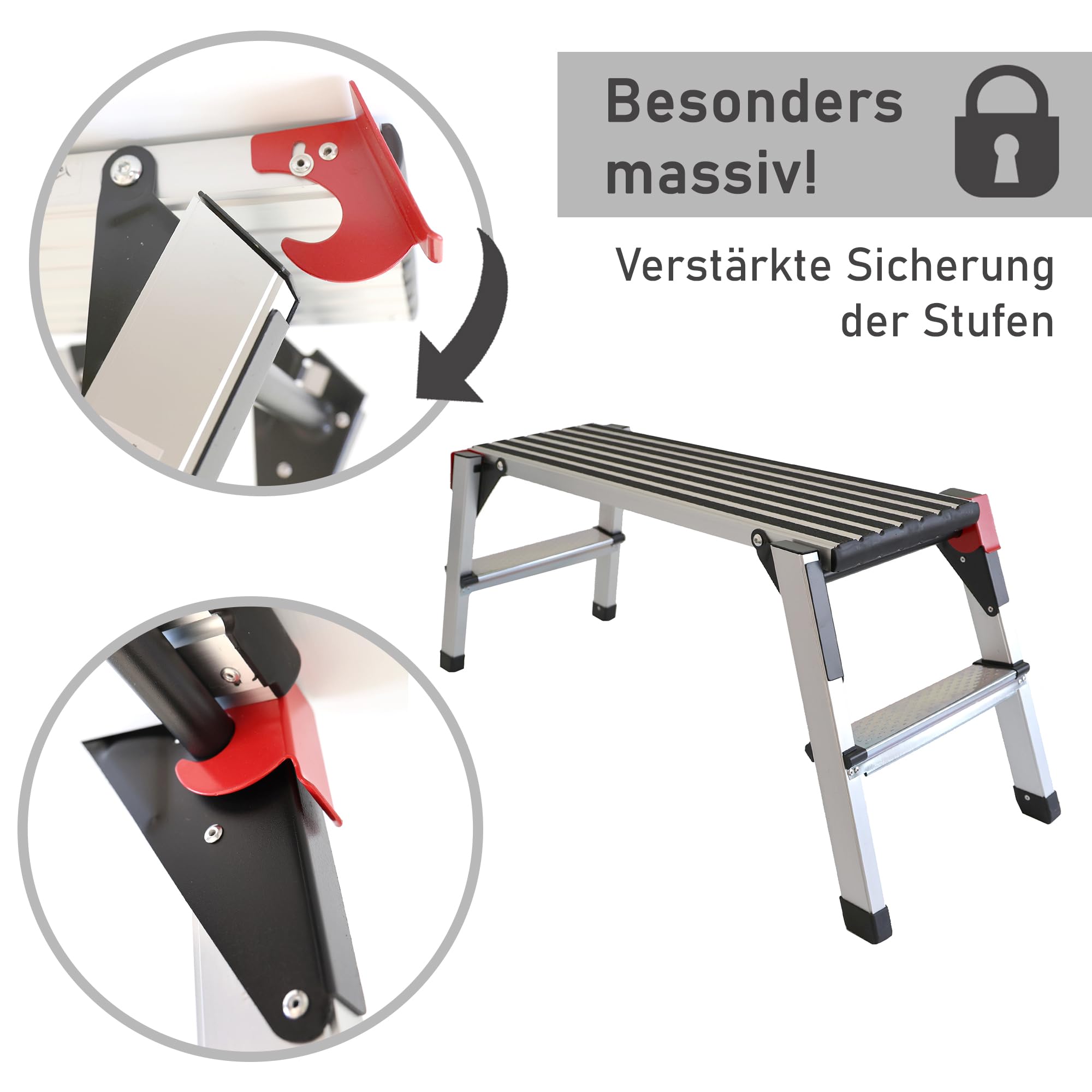 Lemodo Plateforme de travail - Plateforme de travail avec revêtement antidérapant - Charge maximale : 150 kg - Échelle en aluminium avec 2 marches - Échelle pliable - Argenté - NA181