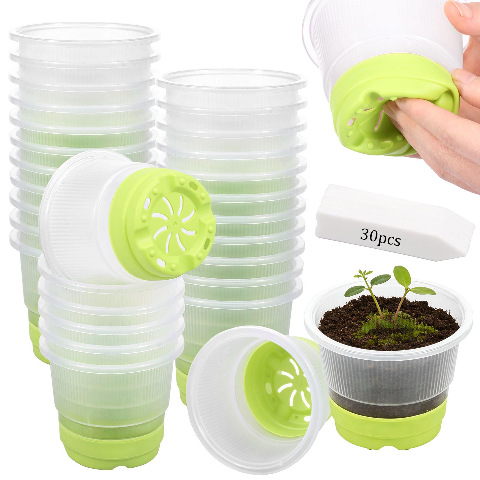 Zhjiutak Light Green 30Pcs Clear Nursery Pots With Silicone Base, 4Inch Plastic Plant Pots Reusable Seedling Start Pot With Drain Holes For Flower Plant Seedlings Transplanting(Light Green)