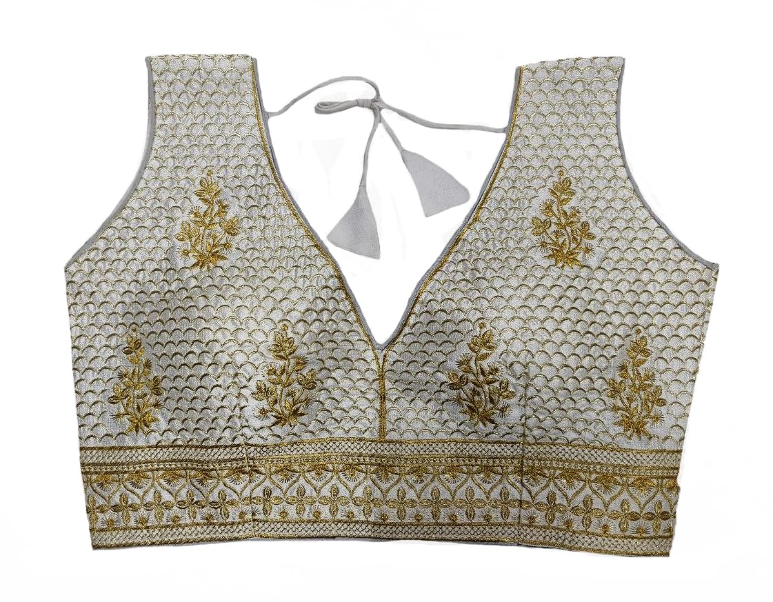 Pujia Mills Women's Sequin Embroidered V Neck Sleeveless Readymade Saree Blouse Indian Ethnic Designer Stitched Women's Readymade Saree Blouse Sleeveless Blouse Readymade White Blouse For Women