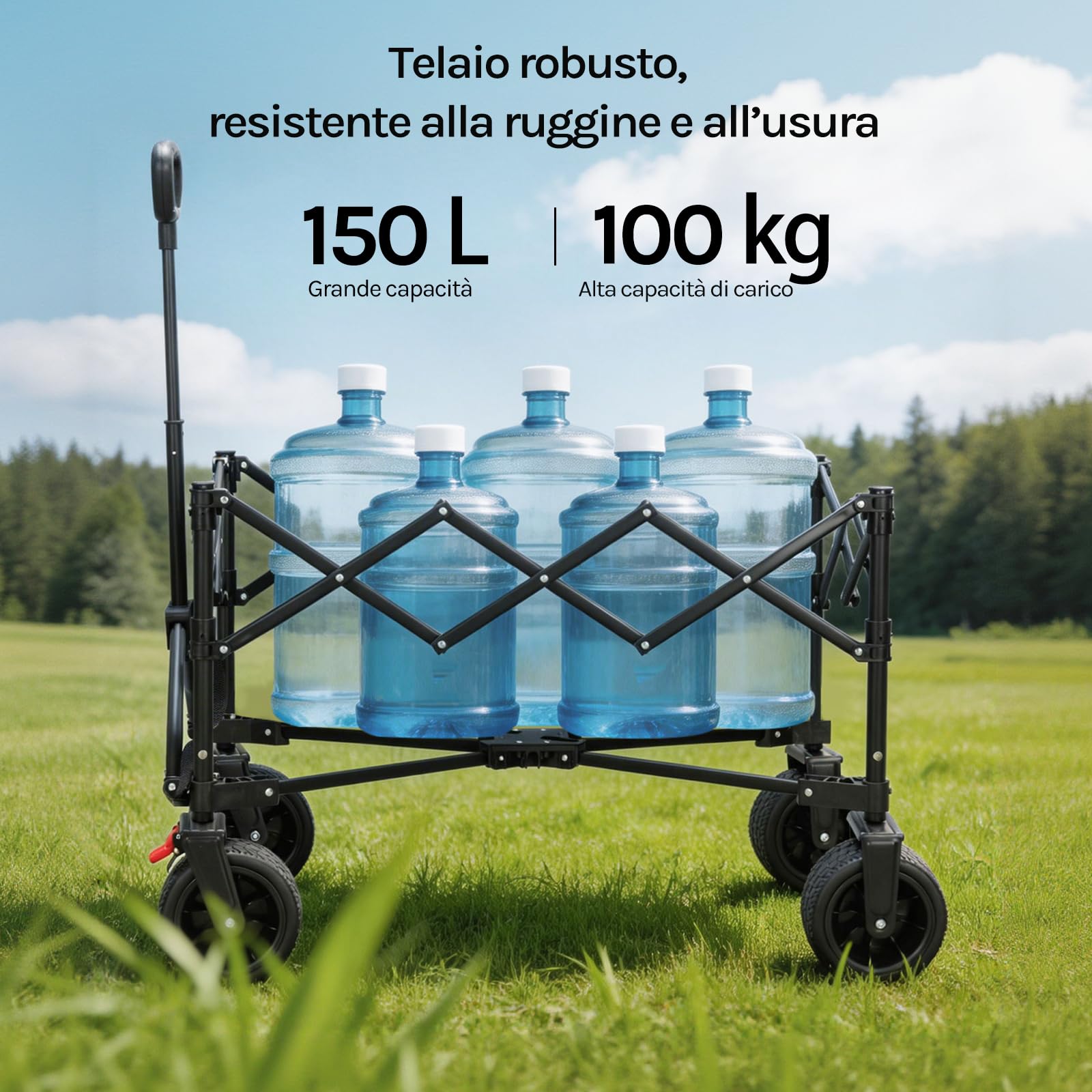 WOLTU Carrello Pieghevole Multifunzione con Ruote Rimovibili, Manico Regolabile, Custodia Antipolvere, Telaio in Acciaio, 150 L, Portata 180 kg, Carrello da Giardino per Campeggio e Spiaggia, Nero