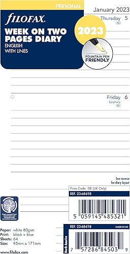 Filofax Recarga, Tamaño PersonalCompacto, Semana a Vista, Libro Blanco, Ringido, Inglés, 2023 (C68418-23) (68418-2018)