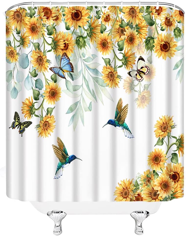 Sunflower Hummingbird Shower Curtain Rustic Watercolor Yellow Flower Butterfly Country Farmhouse Vintage Fabric Bathroom Curtains Decor Set with Hook(70" Wx84 H)