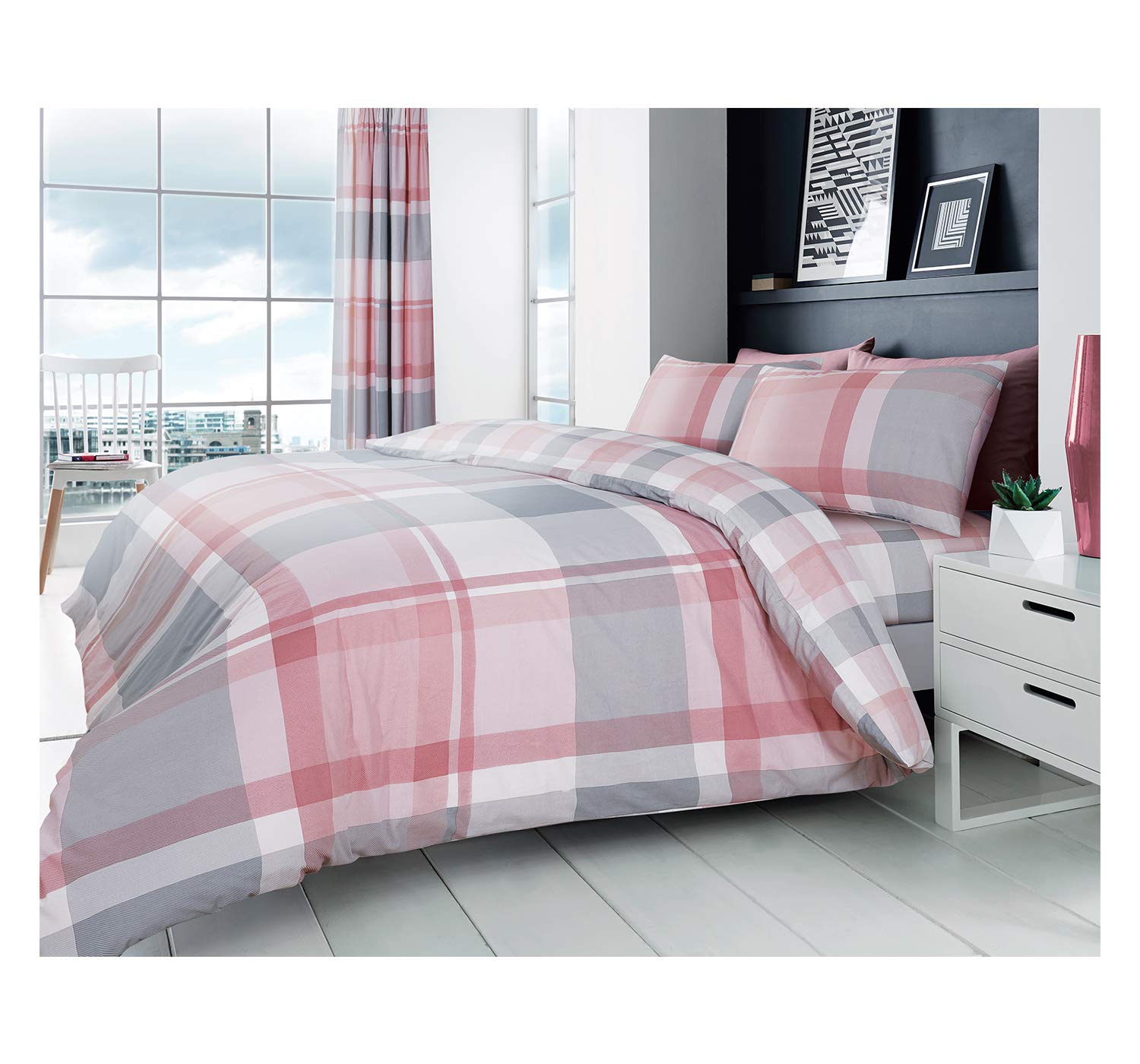 Lions Check Bedding Set - Bed Duvet Covers Double Size with Matching Pillowcase, Ultra Soft Reversible Poly Cotton Quilt Covers, Button Closure, 200x200cm, Waverly Pink
