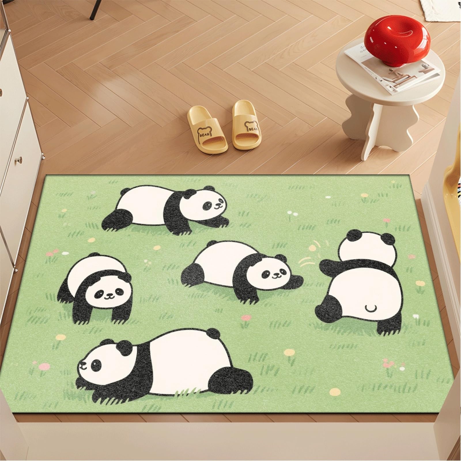 Tapis Entree Interieur Panda Vert Mignon Tapis D'entrée Facile à Nettoyer Antidérapant Lavable en Machine pour Chambre Cuisine Couloir Paillasson Interieur Exterieur 80x120 cm