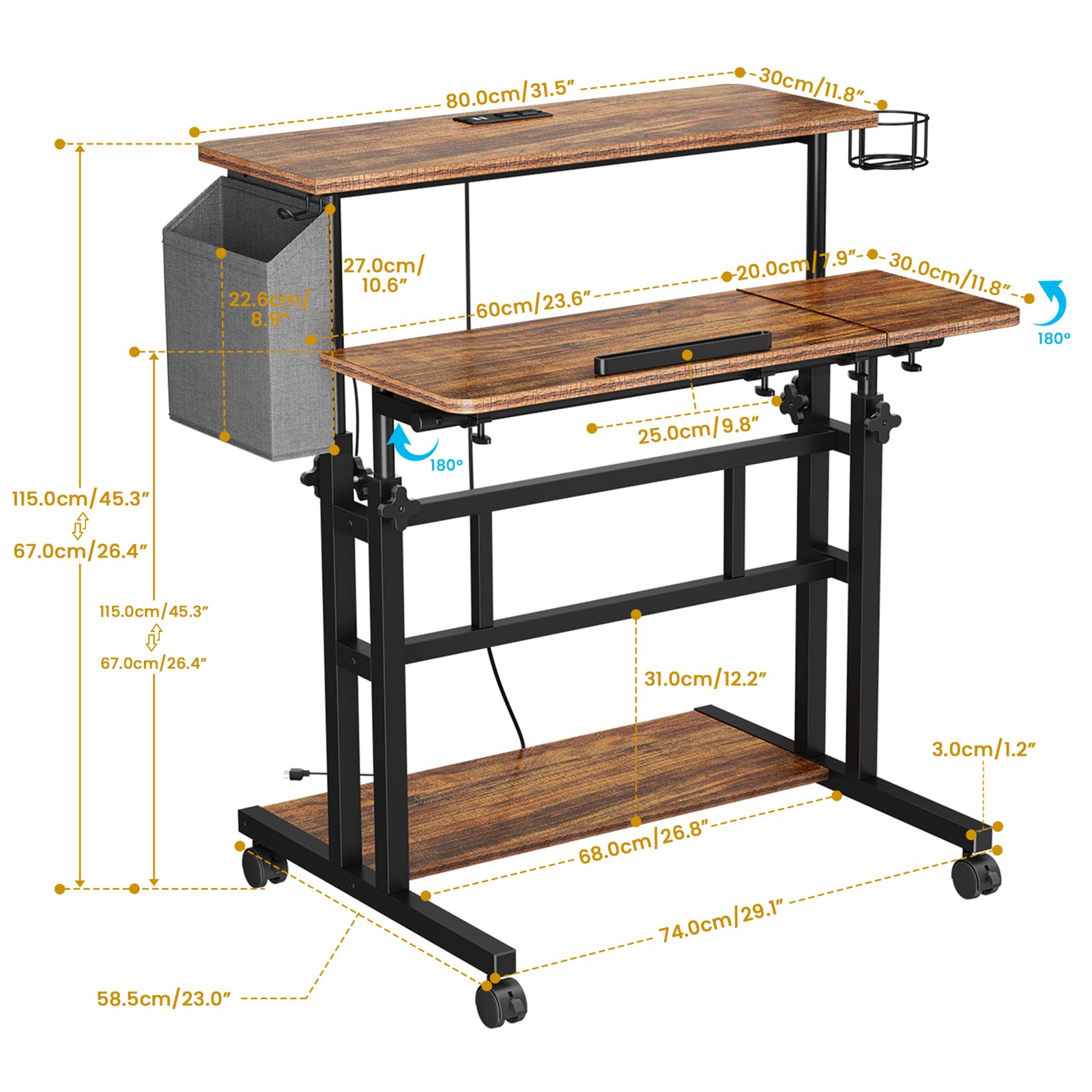 Dripex Stehpult Höhenverstellbar mit Steckdosen, Sitz-Steh Schreibtisch mit Rollen, LED Stehtisch mit neigbar Tischplatte, 80x60cm Laptoptisch Workstation für Zuhause und Büro, Vintage Braun
