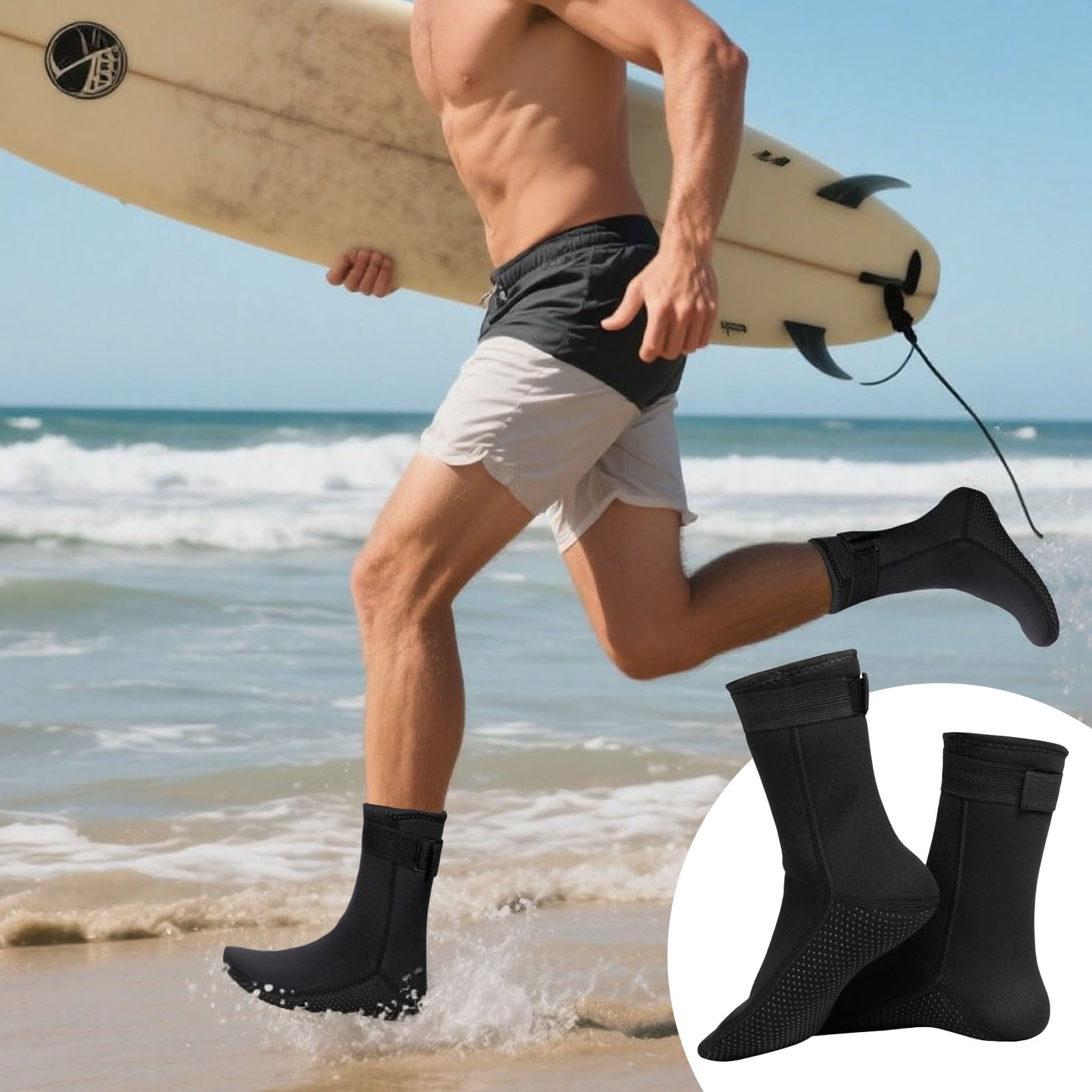 Calzini neri in neoprene da 3 mm, antiscivolo, per sport acquatici, spiaggia, unisex, protezione solare a metà polpaccio, antiscivolo, protezione solare, nuoto, surf, snorkeling, vela