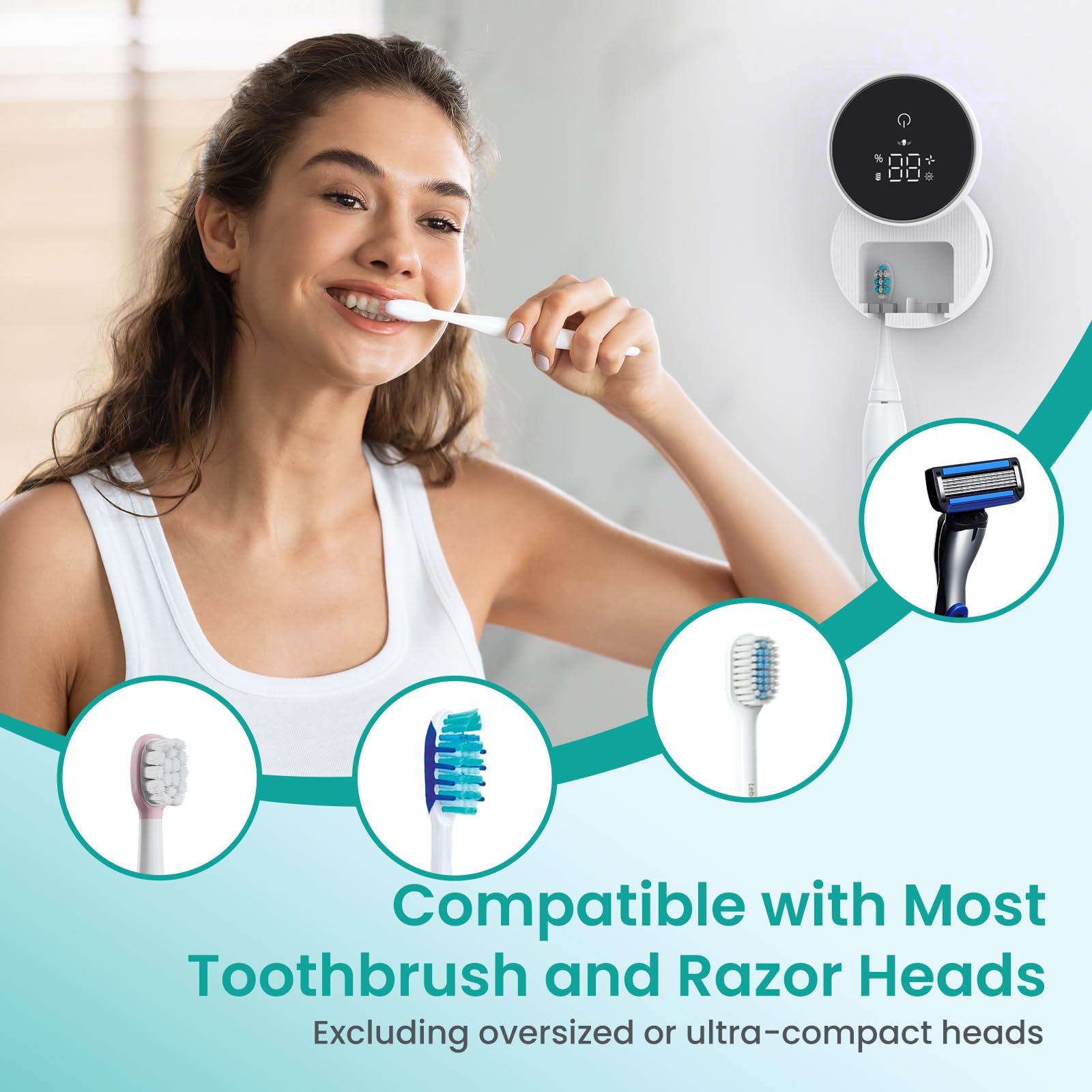 LifeBasis Porte-Brosse à Dents Électrique UV, Désinfection UVC/UVA avec Séchage à Air Chaud, Ouverture Automatique par Capteur, Support Mural pour 2 Brosses à Dents