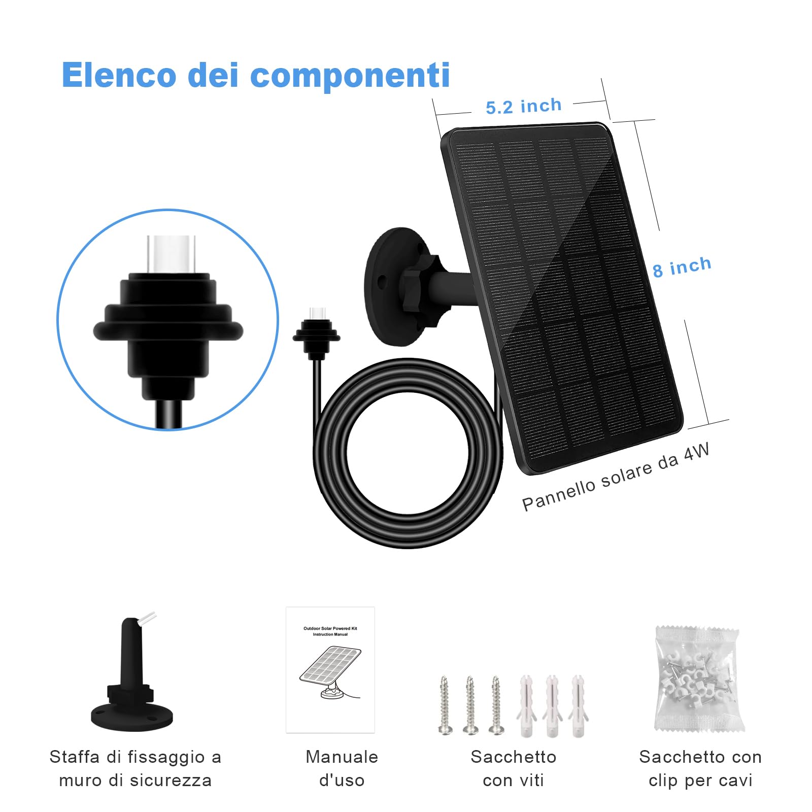 Pannello Solare da 4W per Telecamera Esterna Blink (4th gen), Caricatore Solare con Spina in Gomma, Impermeabile IP65, Cavo da 13,12 Piedi