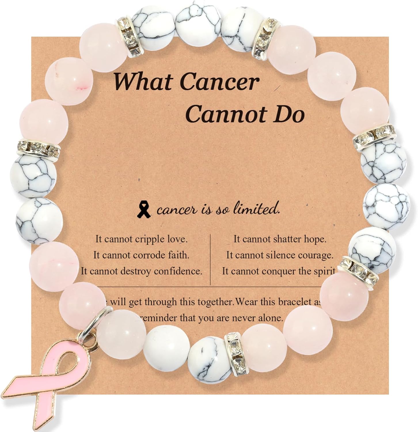 Breast Cancer Bracelets Natural Stone What Cancer Cannot Do Inspirational Bracelet for Women Pink Ribbon Cancer Awareness Handmade Beaded Encouragement Gift With Message Card