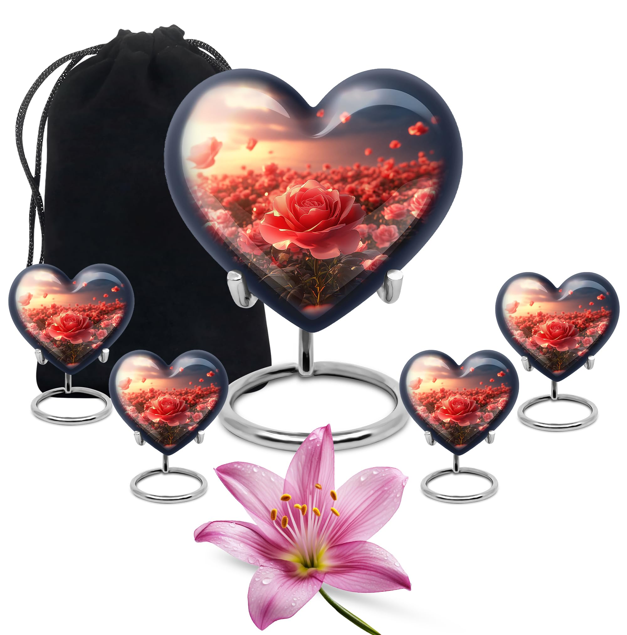 YATHABHISA Rose Heart Shaped Cremation Ash Urn for Men & Women, Keepsake Urns for Ashes, Decorative Memorial Gift for Parents, Green, Combo (10 Inch & 3 Inch Mini Set of 4)