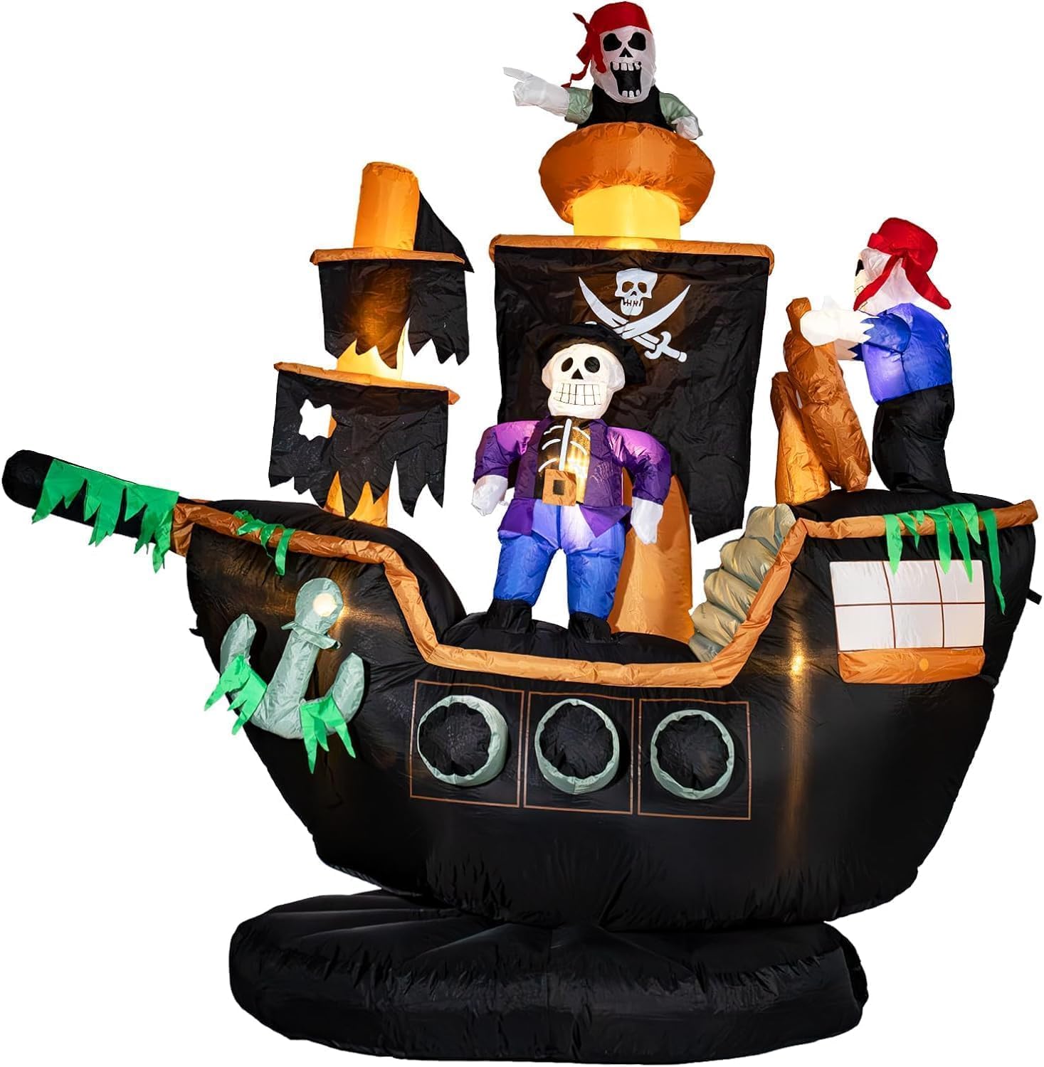 7FT Skeletons & Ghosts on Pirate Ship Inflatables with Built-in LEDs, Halloween Blow Up Decorations for Outdoor Yard Lawn Garden