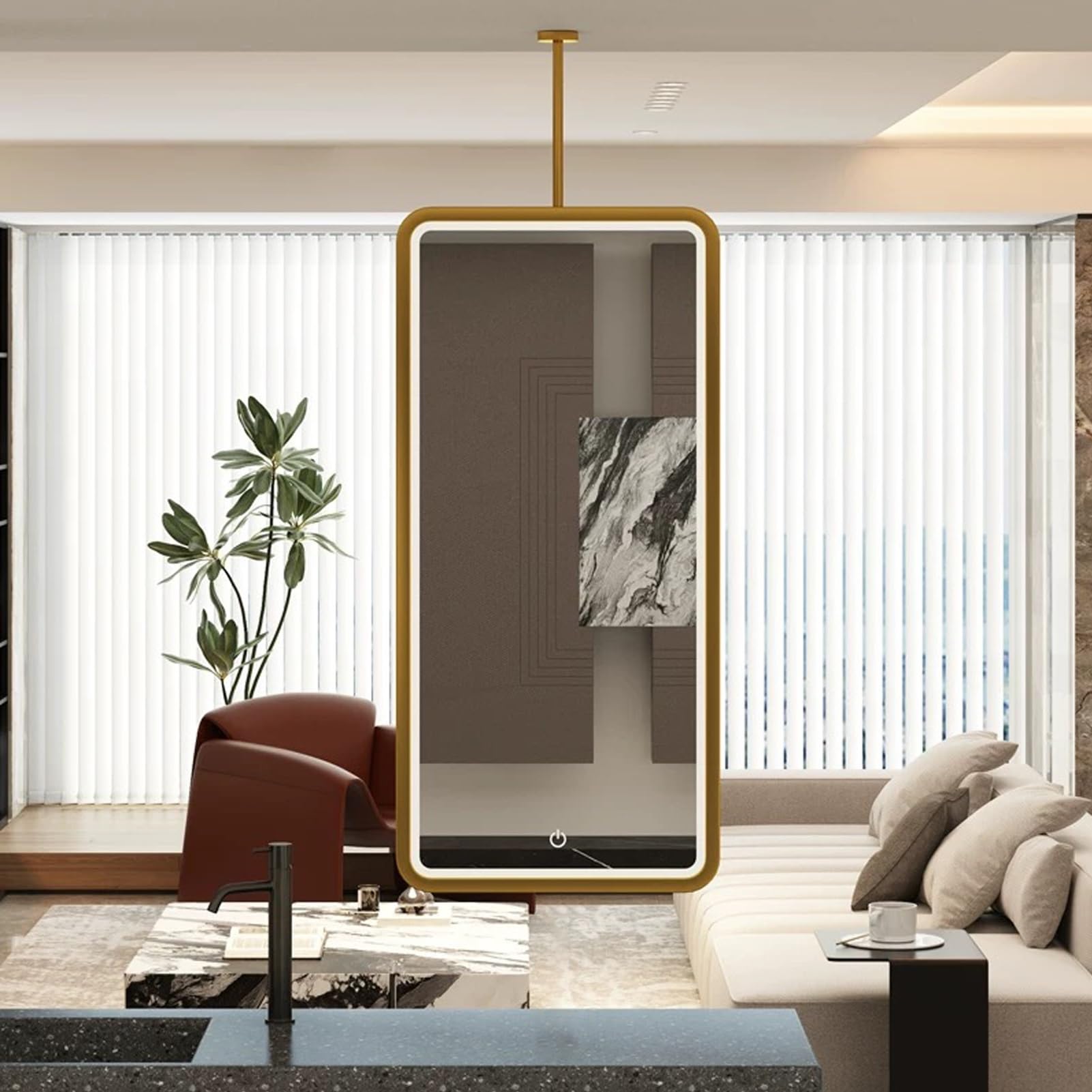 FGXHHS Gold Metal Ceiling Mirror - Rectangle Illuminated Bathroom with LED Light Wall Mounted Vanity Mirrors 3 Colors Dimmable Home Decorative Glass Mirrors(40cmx70cm)