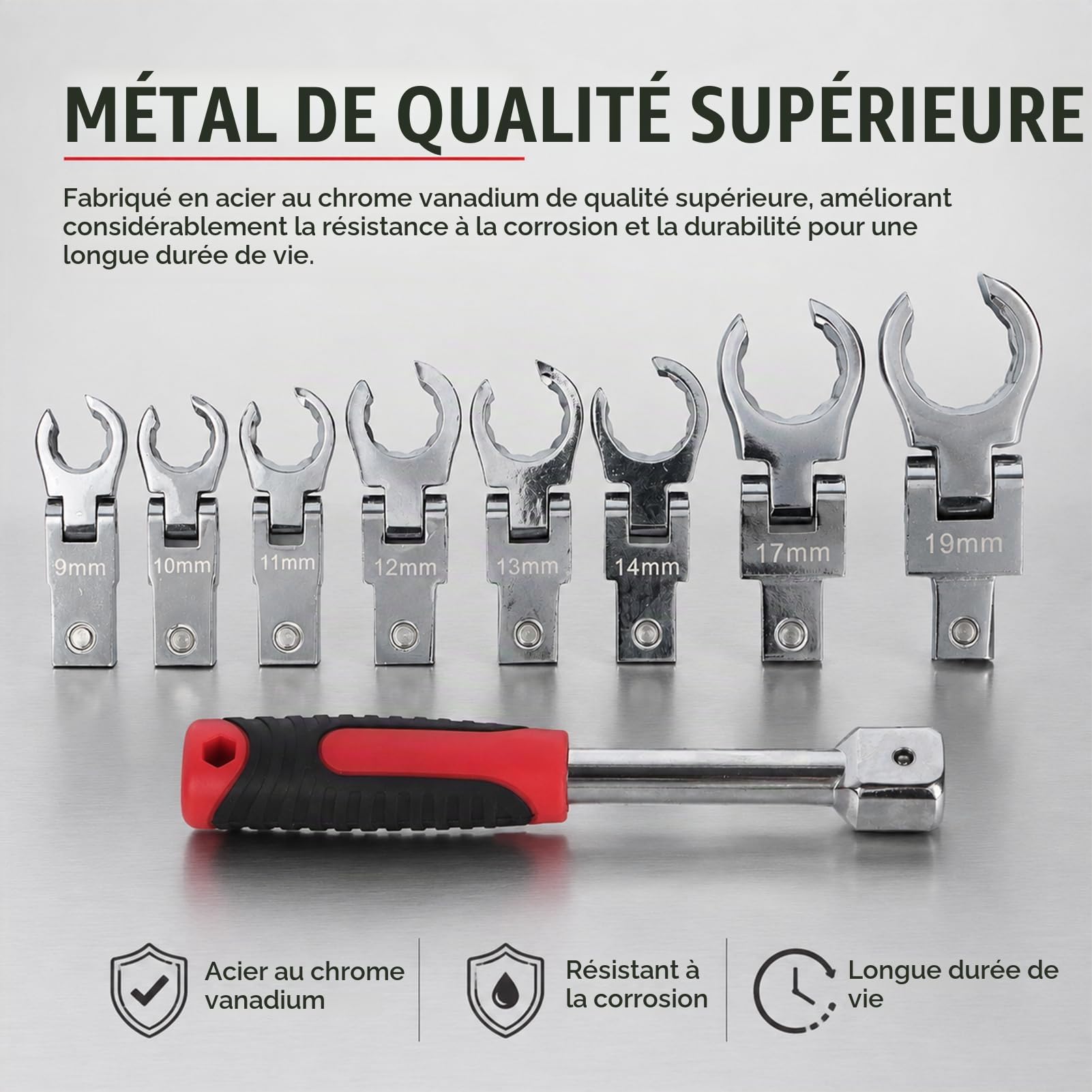 Jeu de Clés à Cliquet Articulées, Mixtes à Cliquet Tete Flexible, Lot de Clé Plate à Cliquet 8 pièces 9-19mm, en Acier au Chrome Vanadium avec Sac de Rangement