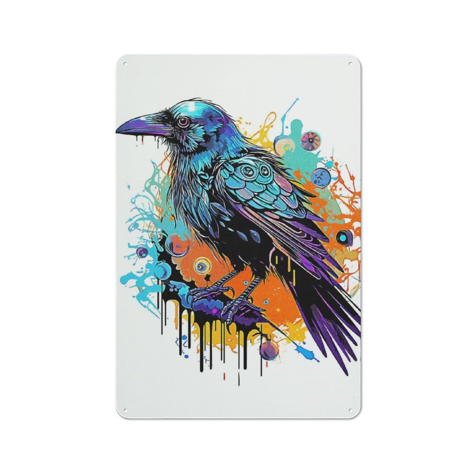 Junmoney Crow Painting Printed Metal Sign 30X20cm For Pub Or Café, With Clear Industrial Wall Decor Character
