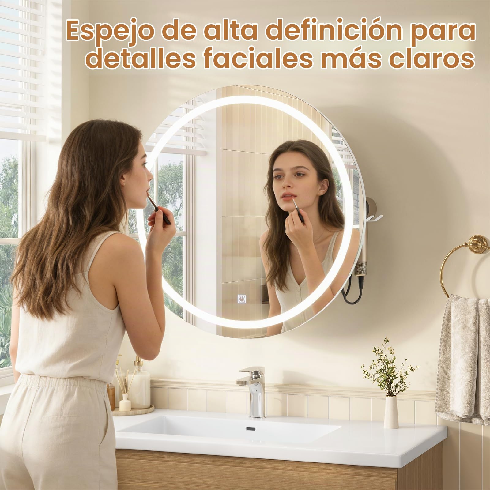 KIMENICH Mueble Espejo Baño Redondo LED con Sensor de Luz, Armario Espejo con 3 Tonos de Luz, Soporte Secador y Enchufe Integrado, Mueble Baño Moderno con Iluminación Ajustable