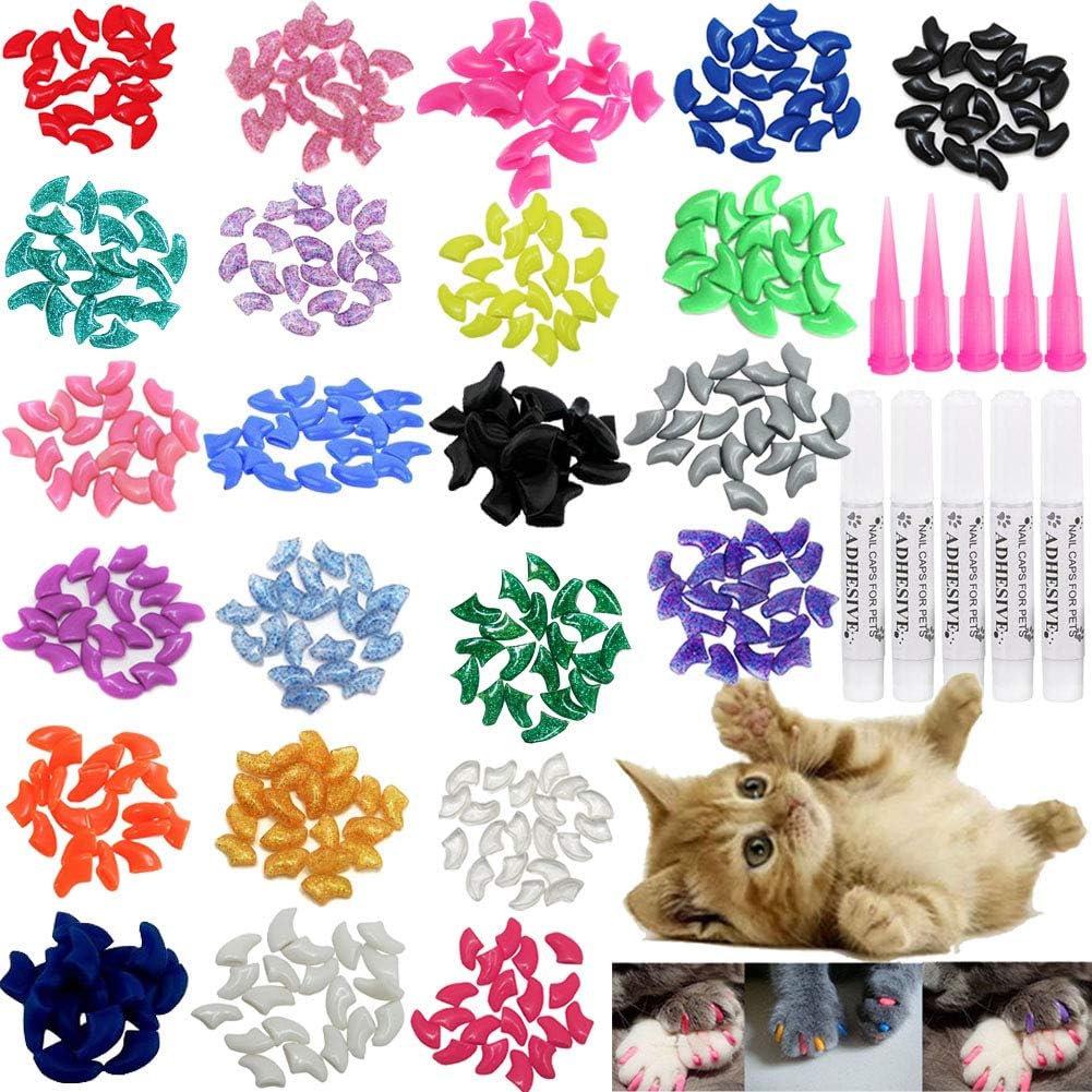 VICTHY Cat Nail Caps, 100pcs Medium Size 5 Colors with Glue and Applicators, Safe and Non-toxic, Prevents Scratching Furniture and People, Protects Cats' Claws, Helps Avoid Scratch Diseases