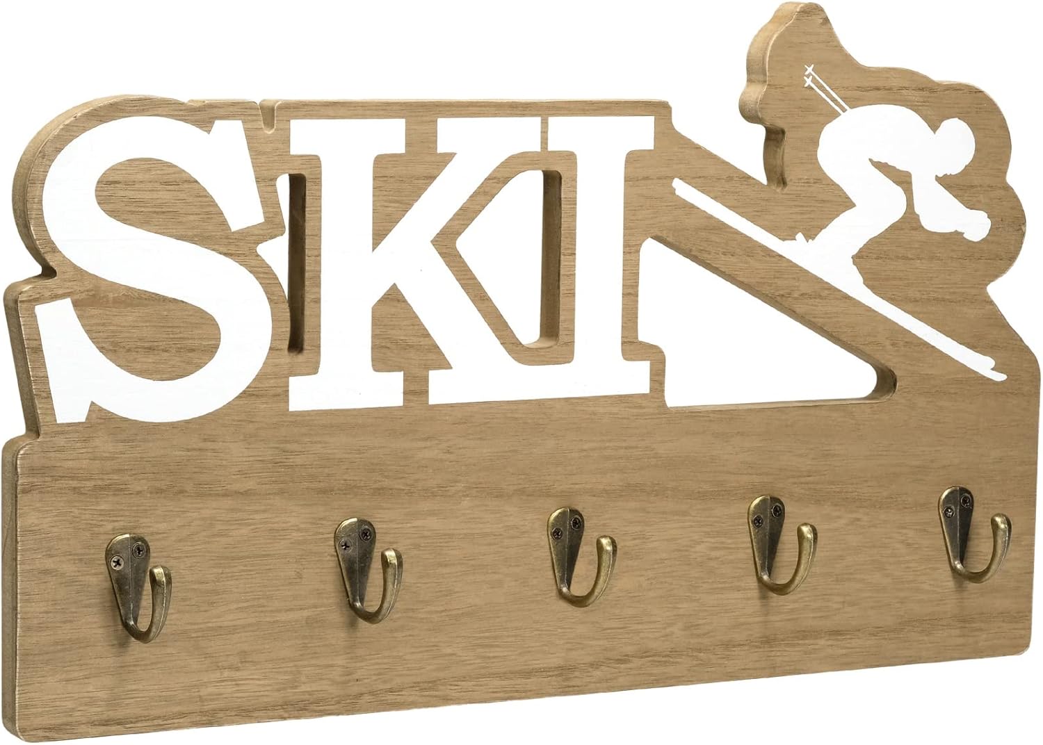 EXCELLO GLOBAL PRODUCTS Rustic Ski Wall Mounted Hanging Entryway Organizer with 4 Hooks. 17" x 10" Use as hat Organizer, Key Holder, Glove Holder. Perfect for Entryway, Kitchen, Bathroom, Hallway