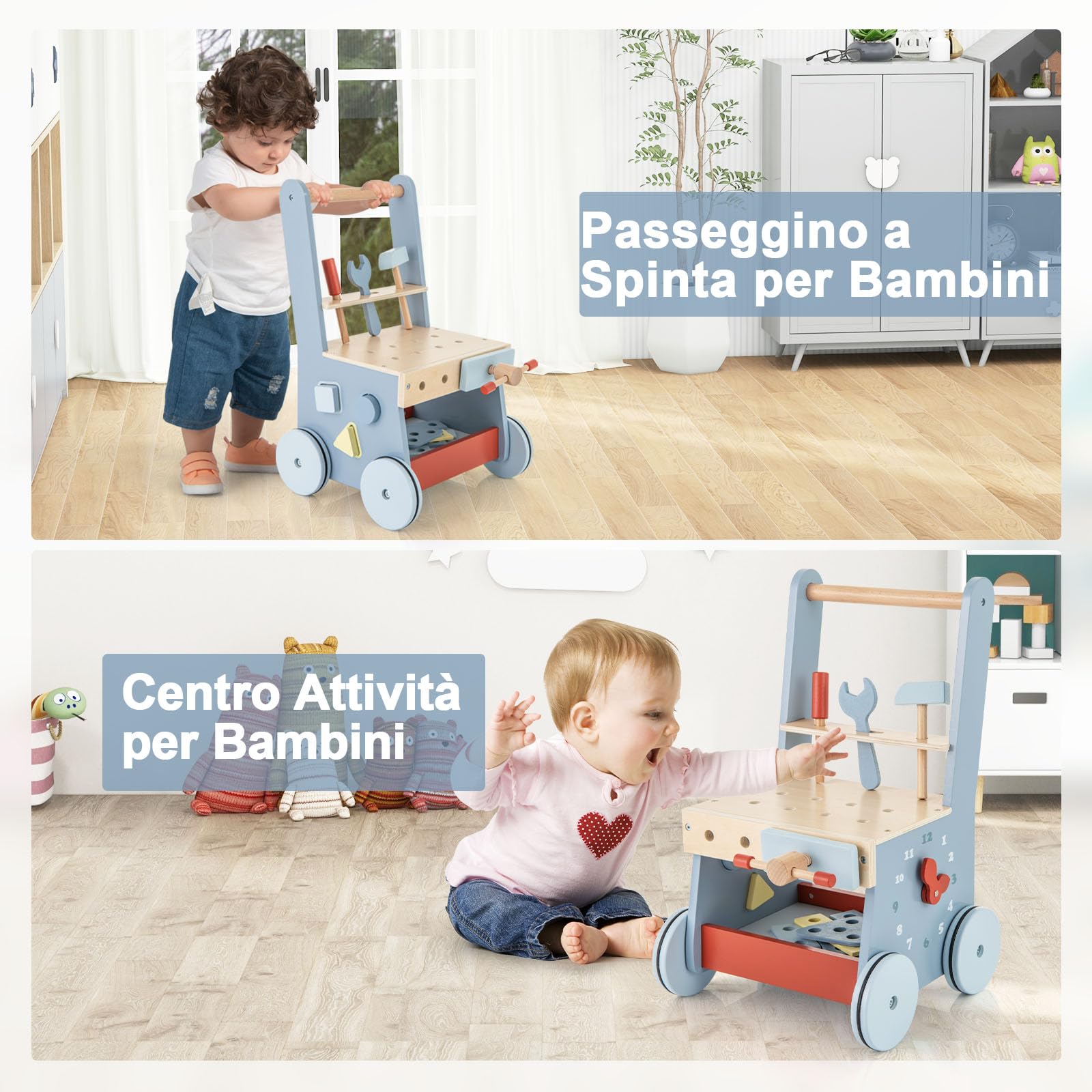 RELAX4LIFE 2 in-1 Carrello Primi Passi in Legno con Banco da Lavoro di Legno, Attrezzi Montessori, 4 Ruote, 30 x 30 x 47 cm (Modello 1)