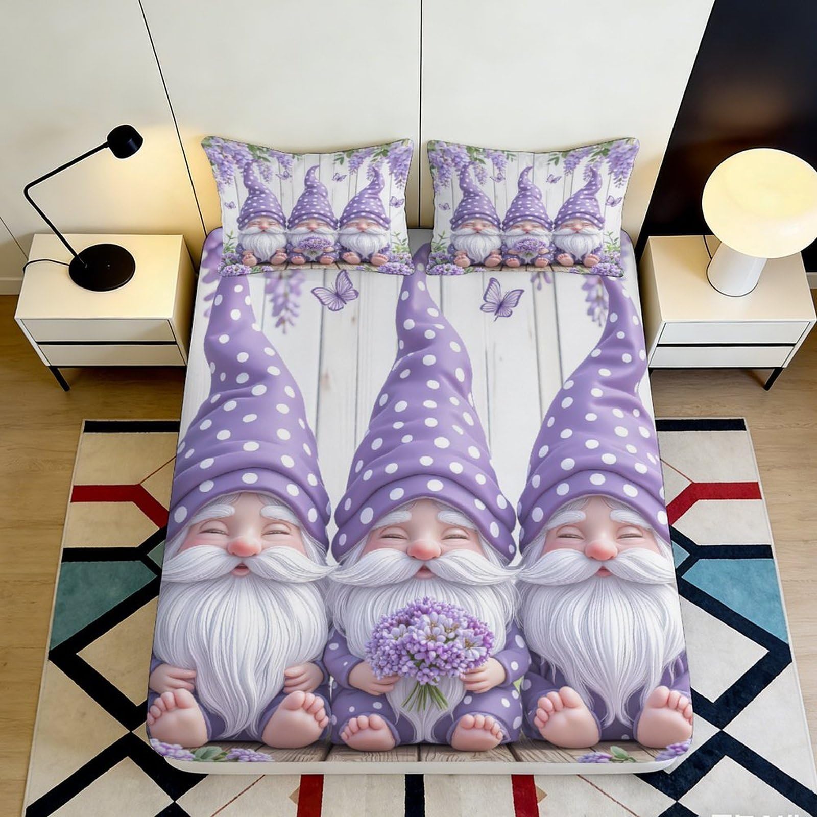 Jqzkxnhpbr Style-6 3D Printed Purple Gnome Fitted Sheet Microfiber Soft Decorative Lavender Fantasy Bed Cover For Bedroom Dorm Mattress Protection 90X200x25cm