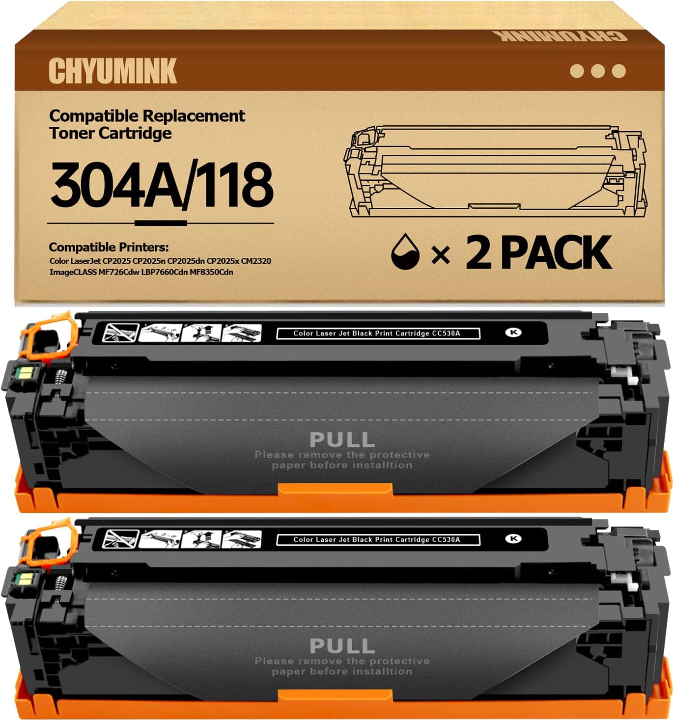 JC Toner Compatible for 304A CC530A Toner Cartridge for use with Color LaserJet CP2025 CP2025dn CM2320fxi mfp; imageCLASS MF726Cdw LBP766 ( Black, 2-Pack)