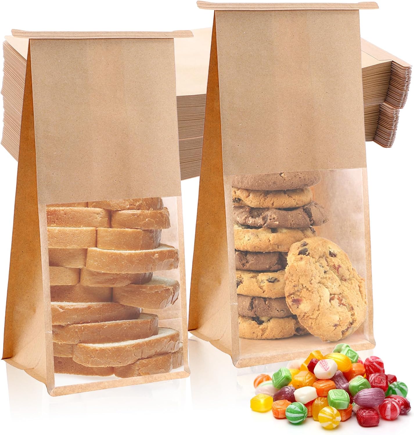 100 Pcs Small Bread Bags for Homemade Bread, 4 x 11 Inch Brown Bakery Cookie Bags with Window, Sourdough Bags with Tin Tie Tab Lock, Ties Lock Cookie Packaging Bag for Treats, Snacks, Baked Goods