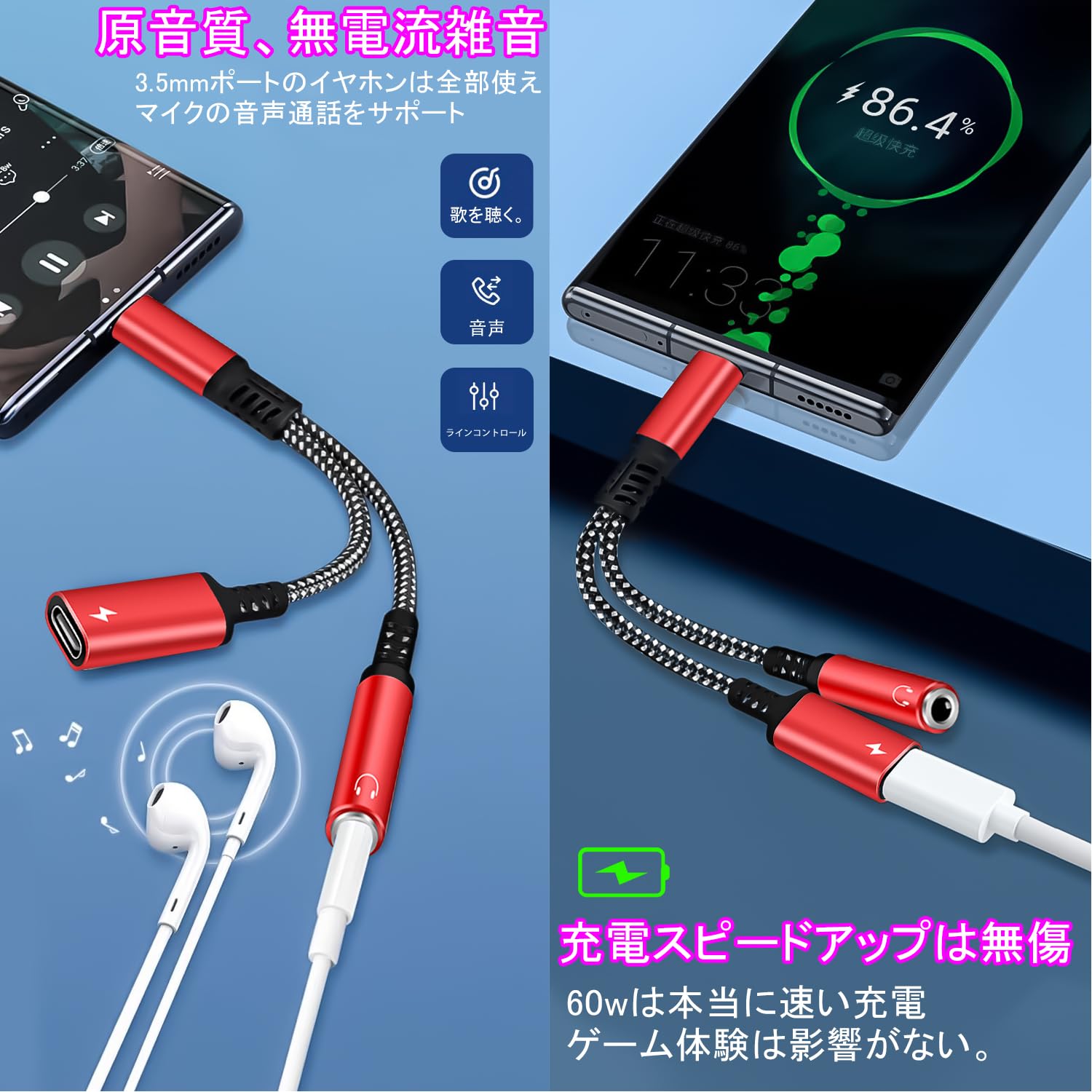 Amazon.co.jp: 2in1 タイプC イヤホン変換 アダプタ PD 60W急速充電 