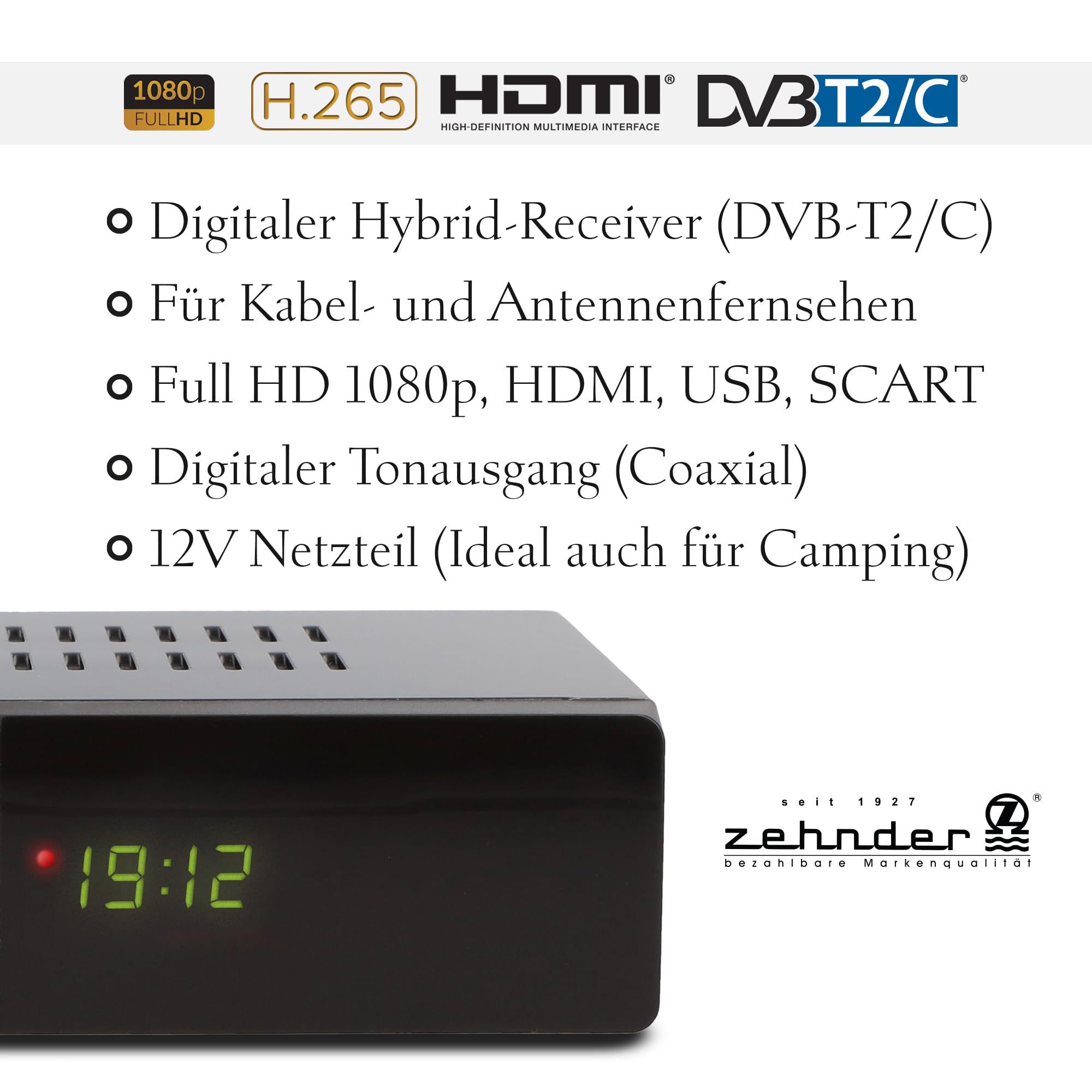ZEHNDER HX 2400 TC Hybrid Receiver - DVB-C und DVB-T2 geeignet, Receiver für TV, Aufnahme und Timeshift Funktion über USB, 4-Stelliges LED Display, Lernbare Fernbedienung, 12V Netzteil, Full HD 1080p