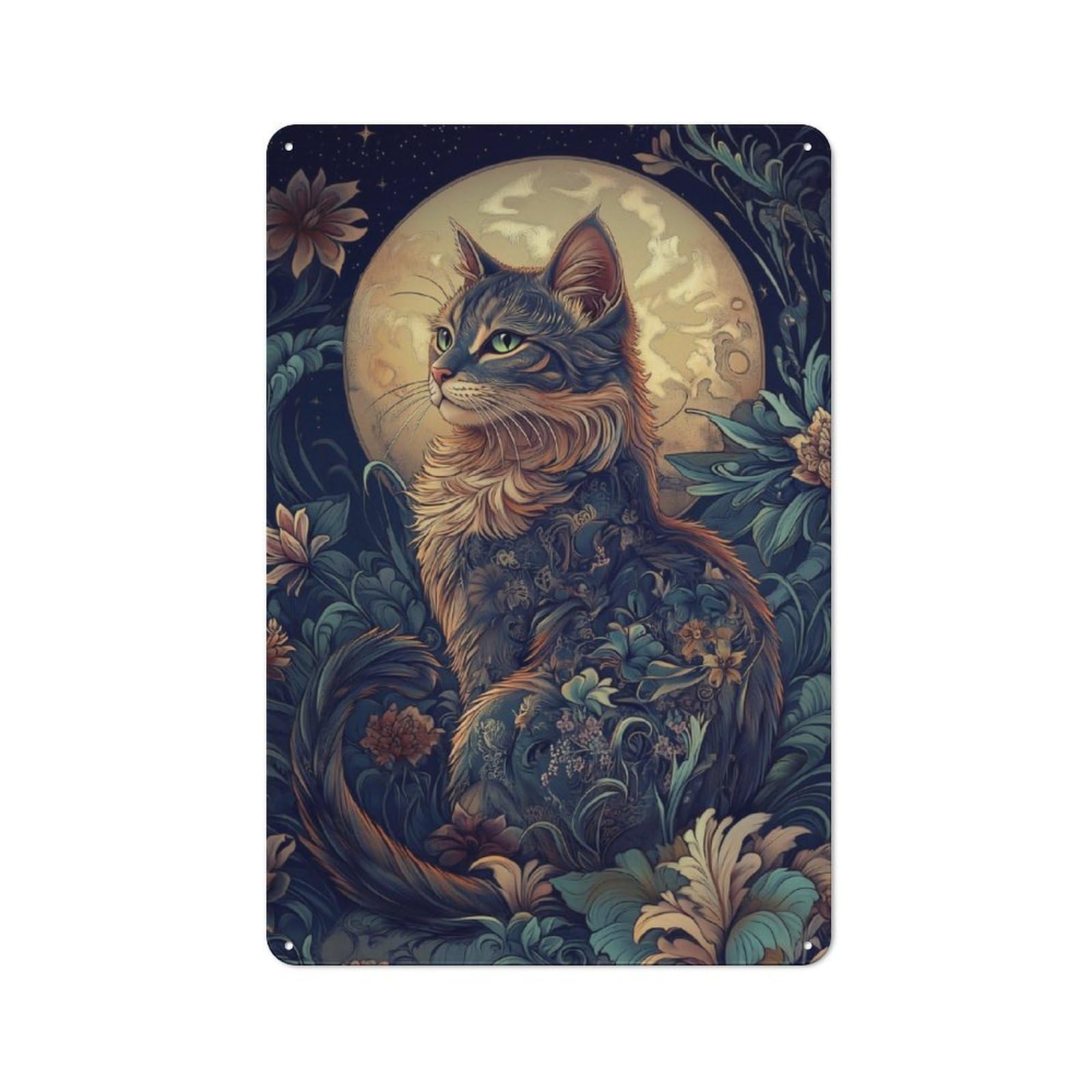 Junmoney Night Moon Cute Cat Rustic Metal Plaque 30X20cm For Studio Or Craft Room, Housewarming Present For People Styling Studio And Craft Room