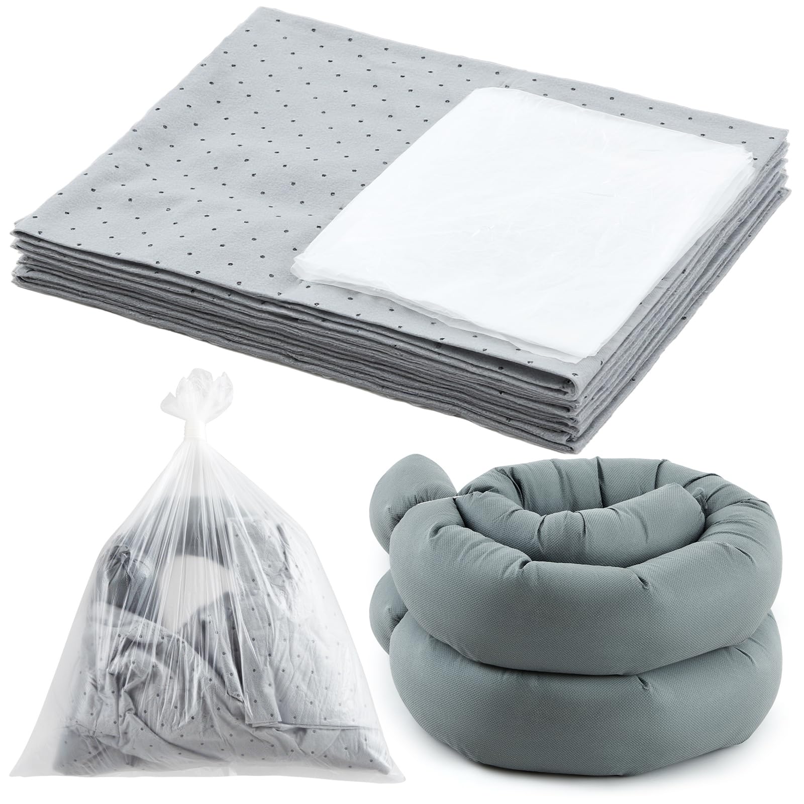 DoubleFill Kit de derrames universal de 19 piezas, kit completo portátil de derrames, absorbe productos químicos, aceites, agua y más, 15 almohadillas absorbentes, 2 calcetines absorbentes de 3