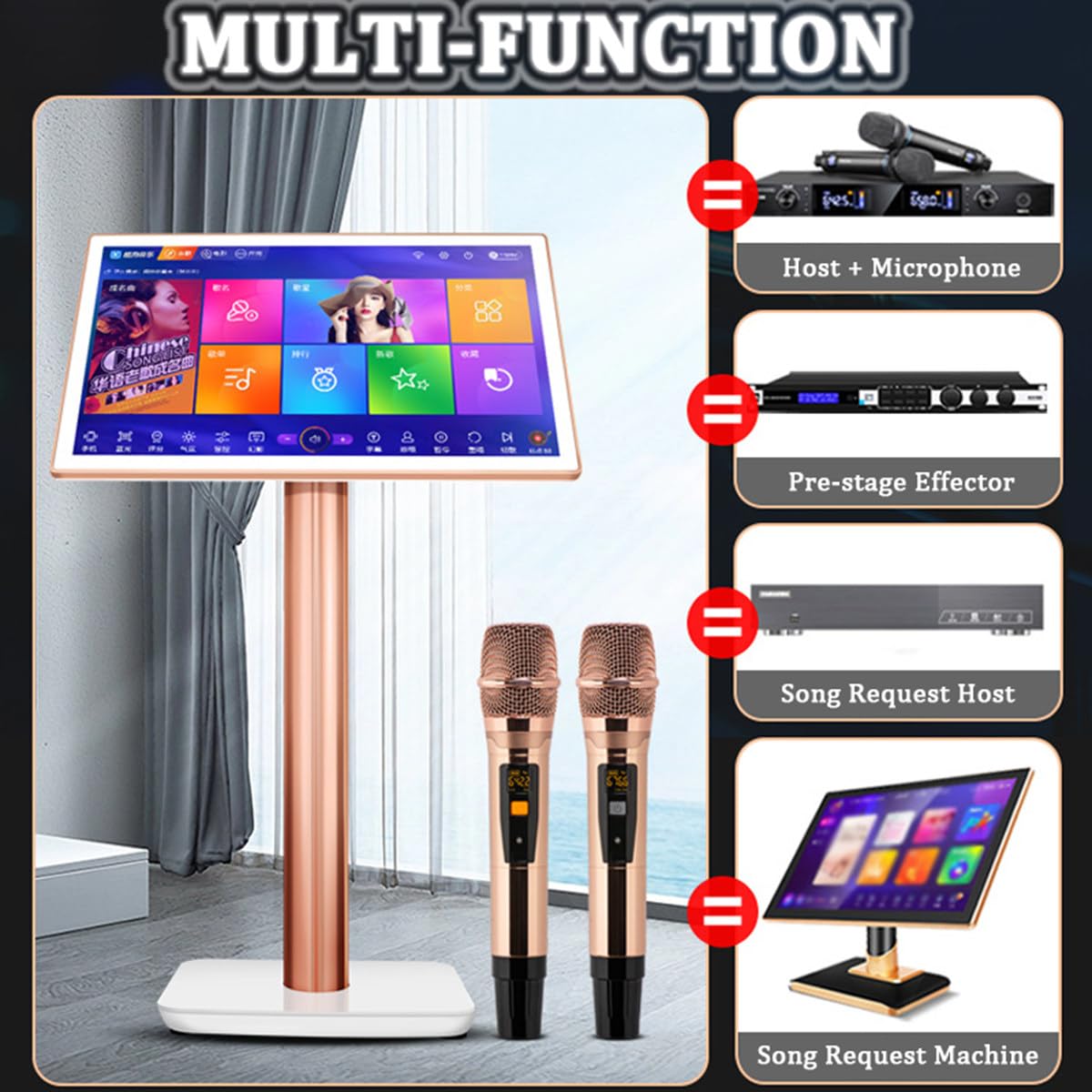 Macchina per Karaoke KTV - Attrezzature per Karaoke con 2 microfoni Wireless con Riverbero, Lettore Karaoke Touch Screen da 19,5 Pollici per Feste in casa, modalità Musica Regolabile,White-3TB