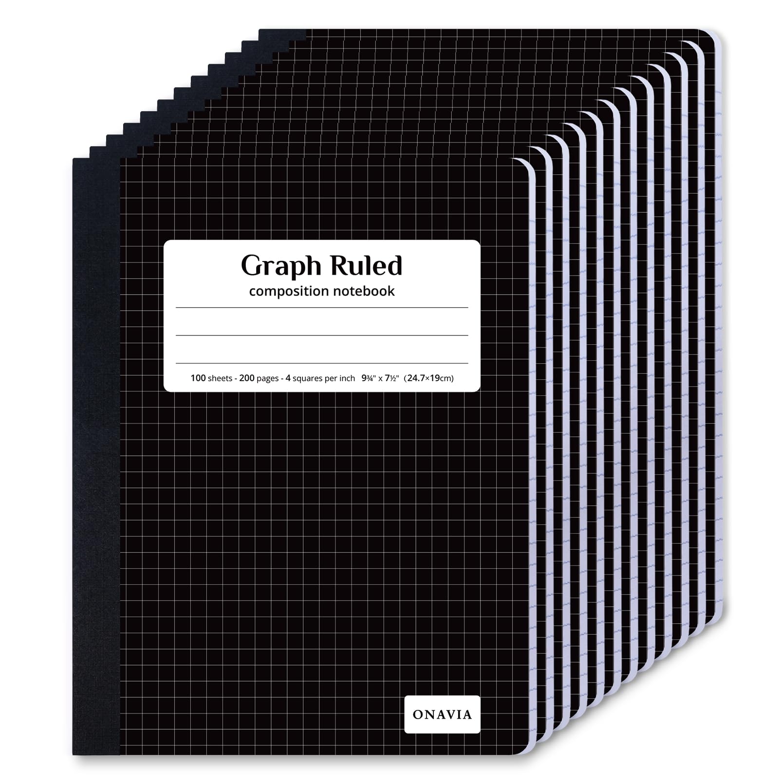 ONAVIA Quaderno a righe per composizione grafica, confezione da 12, 100 fogli, 4 × 4 quad, a righe, per aula, matematica, ingegneria, grafici, materiale scolastico, nero