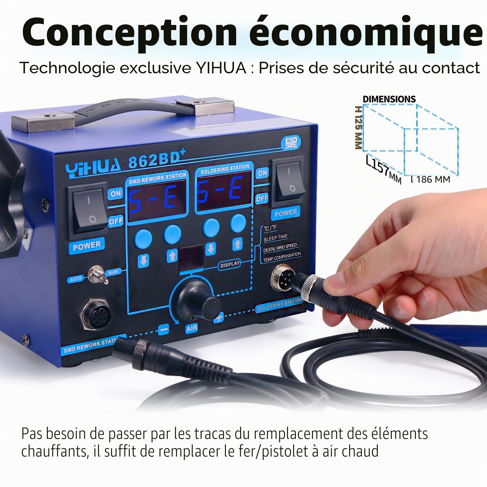 YIHUA 862BD+ Station de Soudage à Air Chaud et de Fer à Souder pour CMS, station 2 EN 1 avec fonction de stabilisation de la température et projets de bricolage électronique de réparation(EU PLUG)