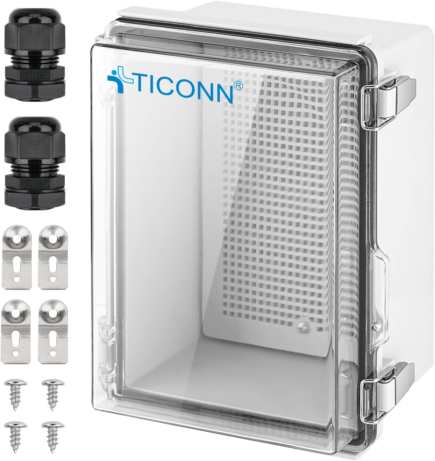 TICONN Waterproof Electrical Junction Box IP67 ABS Plastic Enclosure with Hinged Cover Mounting Plate, Wall Bracket, Cable Gland (Clear, 8.7"x6.7"x4.3")