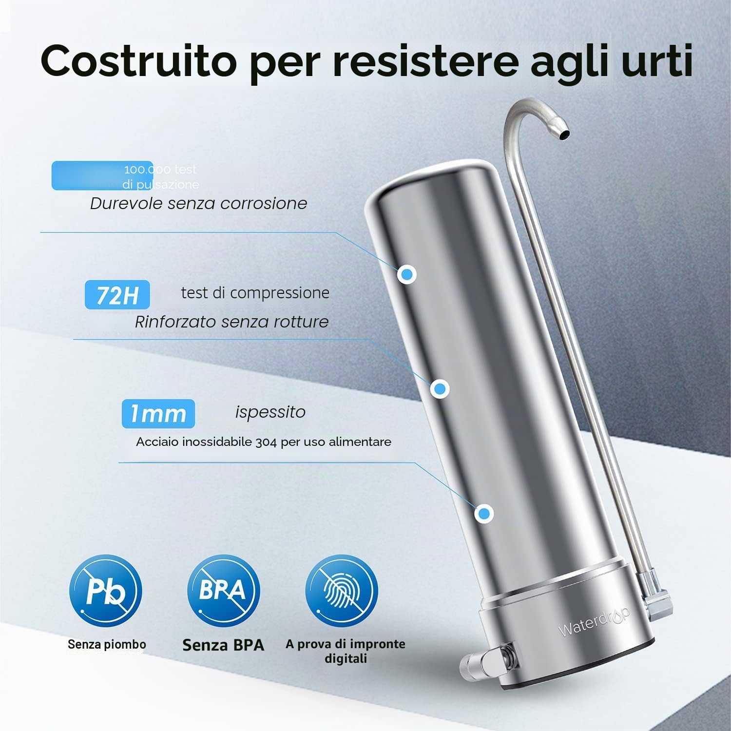 Waterdrop Sistema di filtrazione da banco WD-CTF-01, acciaio inossidabile 304 per uso alimentare, filtro dell'acqua del rubinetto a 6 stadi, lunga durata, riduce il 99% di cloro, metalli pesanti