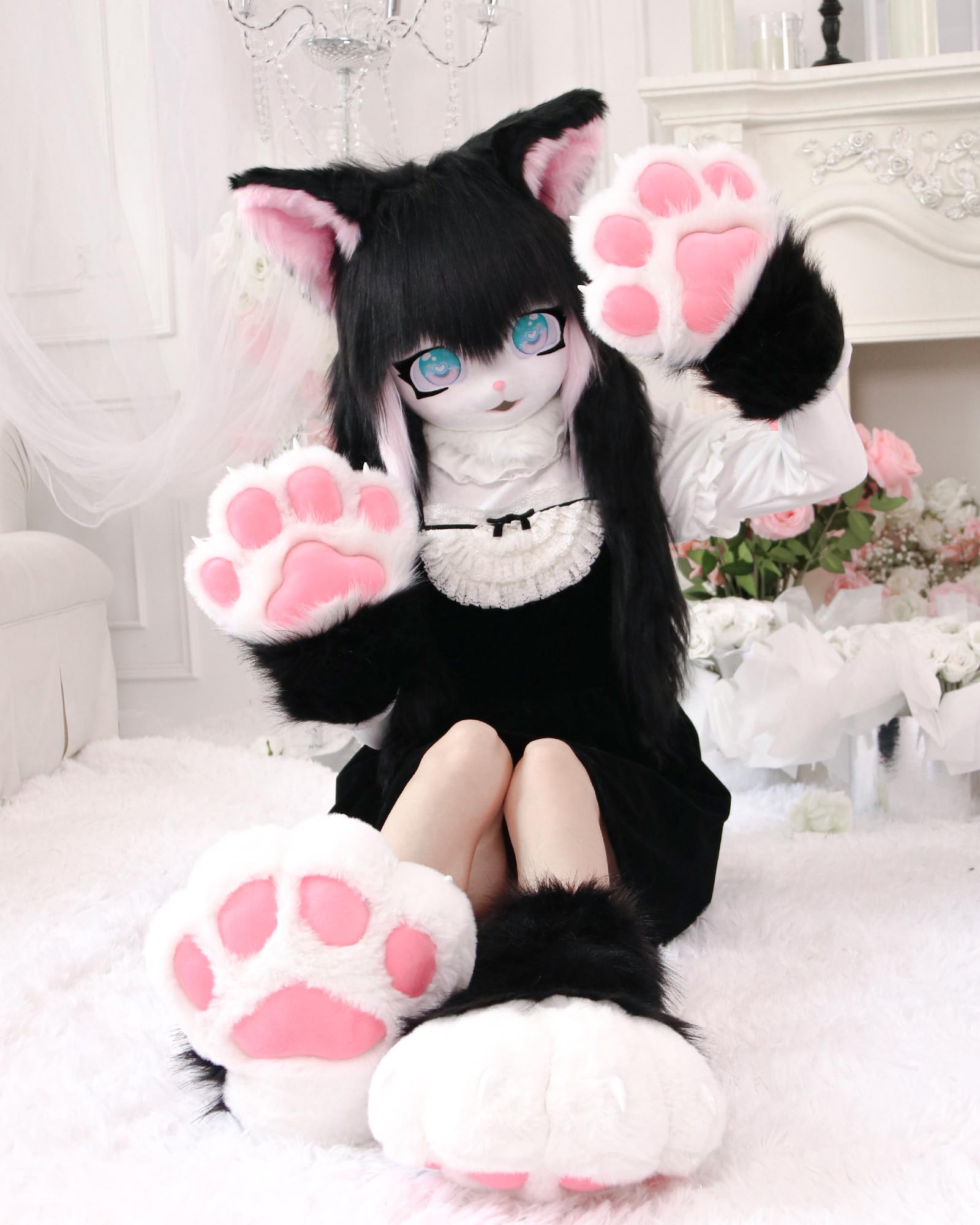 ZFKJERS Cosplay Animal Extended Fluffy Plastic Claws for Cat Fursuit Paws Gloves Adults Costume Accessories Set (Black-White) - Image 4