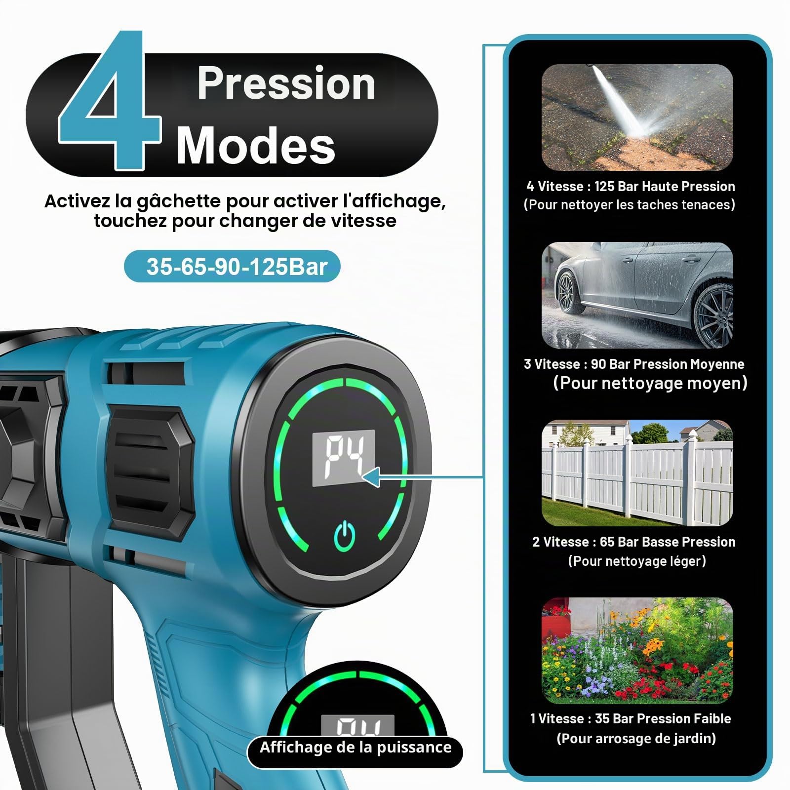 Nettoyeur Haute Pression Sans Fil, Moteur Sans Balais 3000 W,Mode 4 Vitesses,Pression Max 125 Bars, Avec 2 Batteries 4,0 Ah,Buse Pivotante 6 En 1,Brosse De Nettoyage,Tuyau De 5 M,Nettoyage Et Arrosage