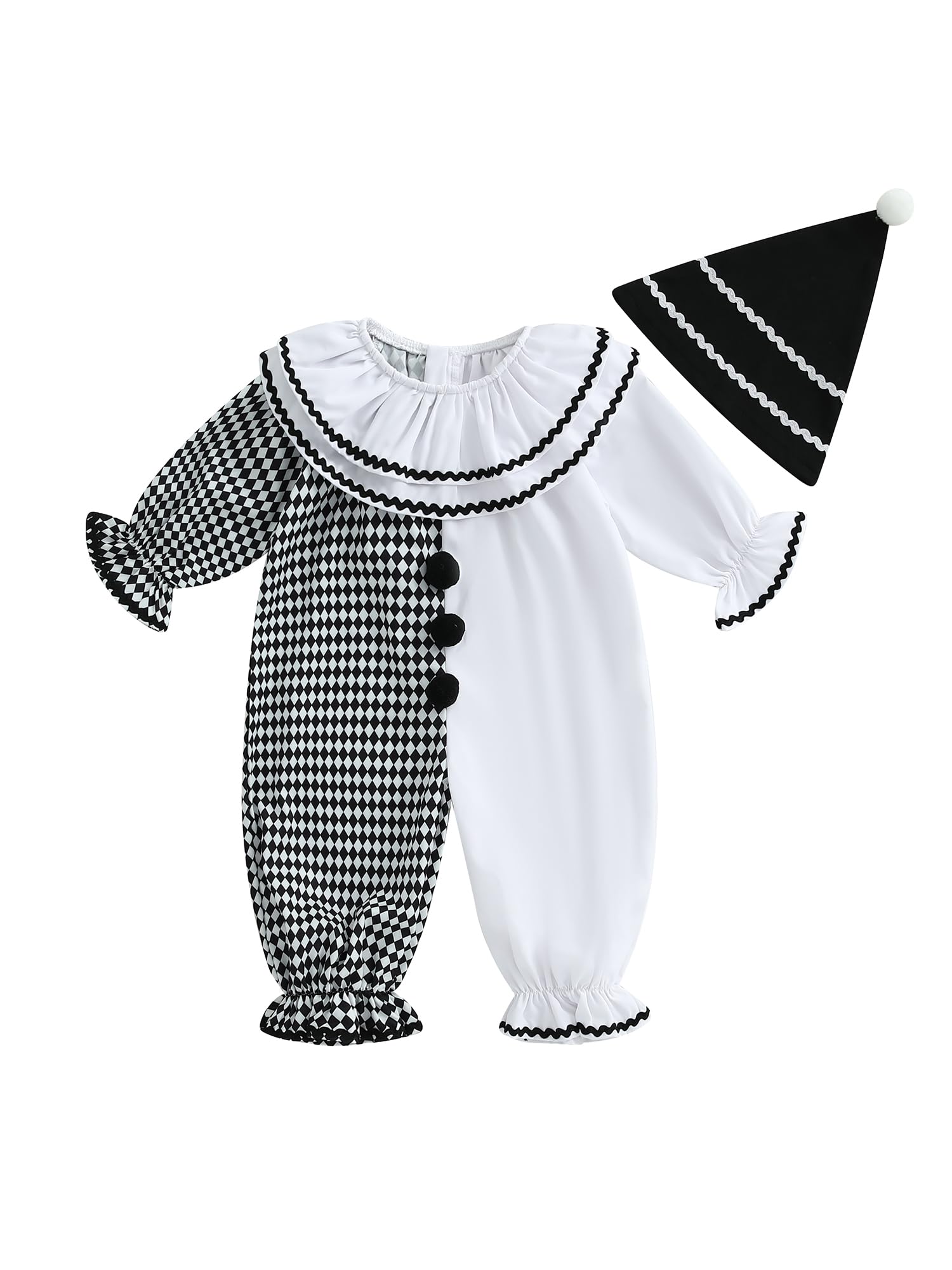 LYSINK Toddler Baby Clown Costume Funny Halloween Cosplay Outfit Contrast Color Long Sleeve Jumpsuit with Hat (A-White, 18-24 Months) — image 1