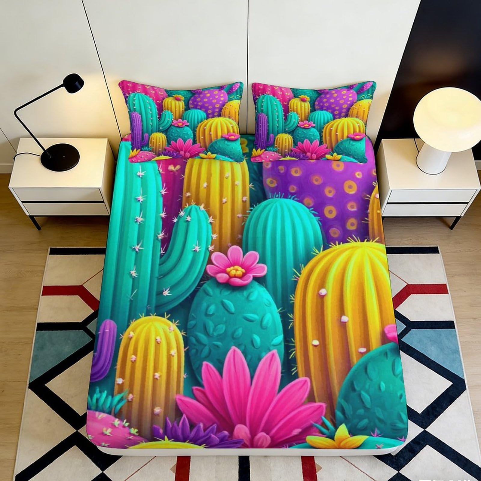 3D Printed Colorful Cactus Fitted Sheet Microfiber Soft Green Succulent Mattress Cover Bedroom Dorm Decor 90x200x25cm