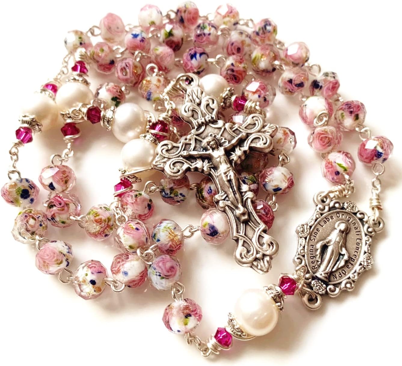 elegantmedical Handmade Veluriyam Rose Beads & Pearl Beads Rosary & Italy Cross Catholic Necklace Gift Box