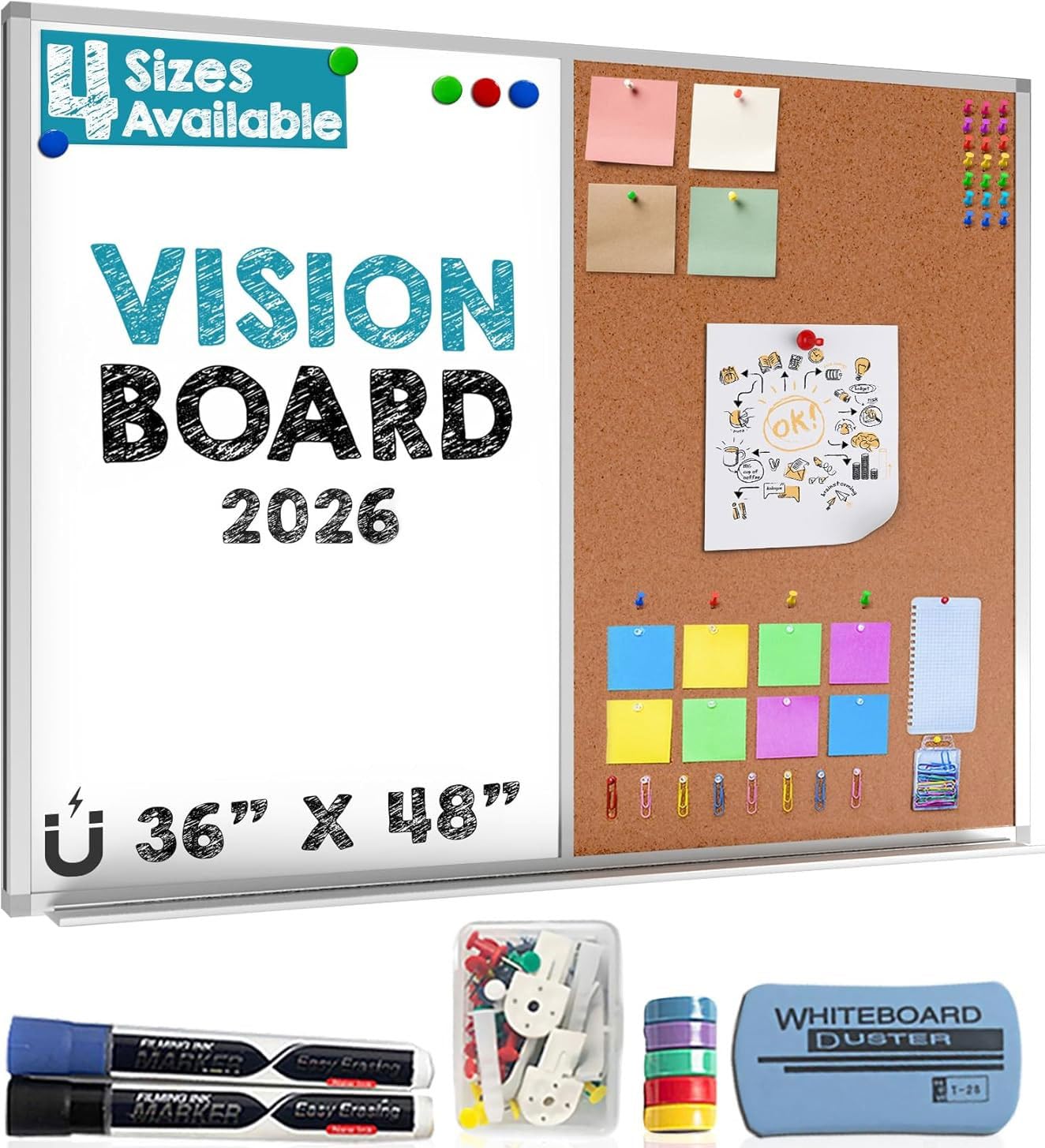 White Board and Cork Board Combo (36x48) Vision Board for 2026 - Half Bulletin Corkboard with Dry Erase Whiteboard Combination for Office or Home,