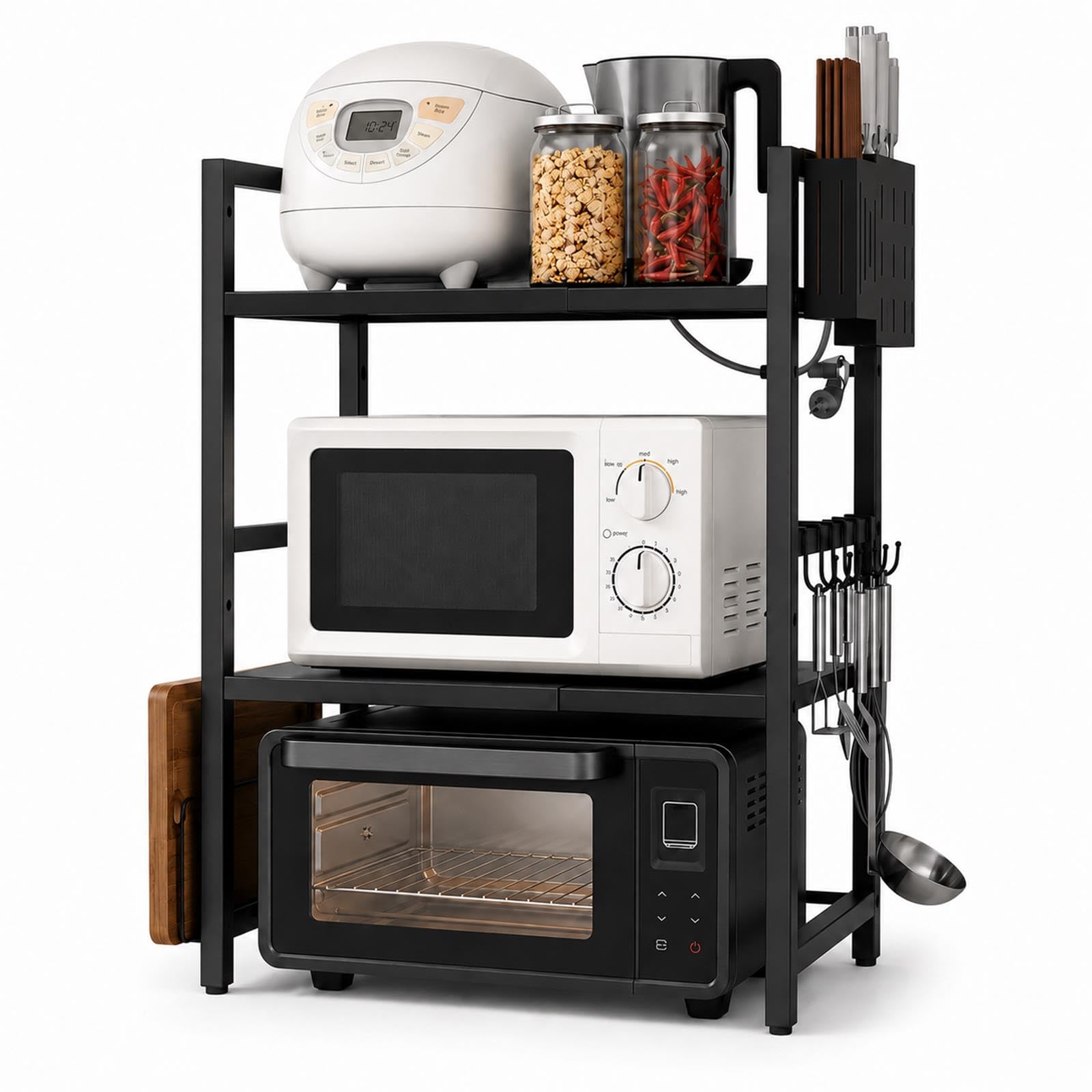 GOOGO 3 Tier Expandable Microwave Rack, 2 Shelves Adjustable Microwave Stand with 8 Hooks, Kitchen Counter Organiser for Worktops, Cupboards, Small Kitchens and Apartments (Black)